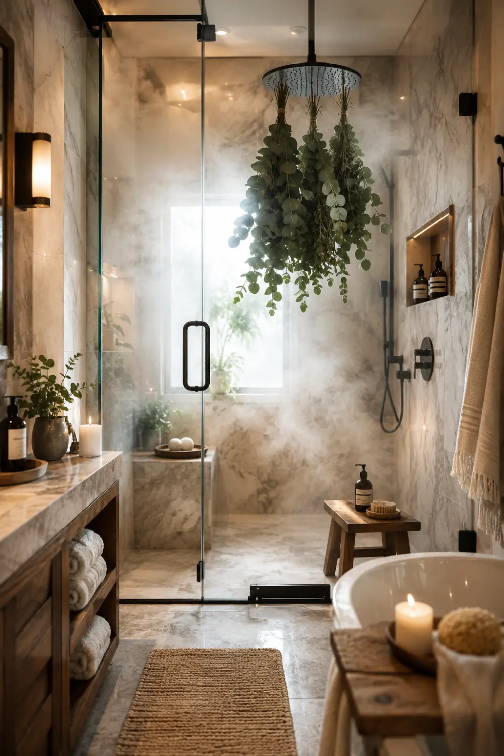 Luxury marble bathroom with fresh eucalyptus bundles hanging from a rainfall showerhead, steam-filled shower enclosure, spa-inspired decor, candles, and relaxing bathroom wellness design