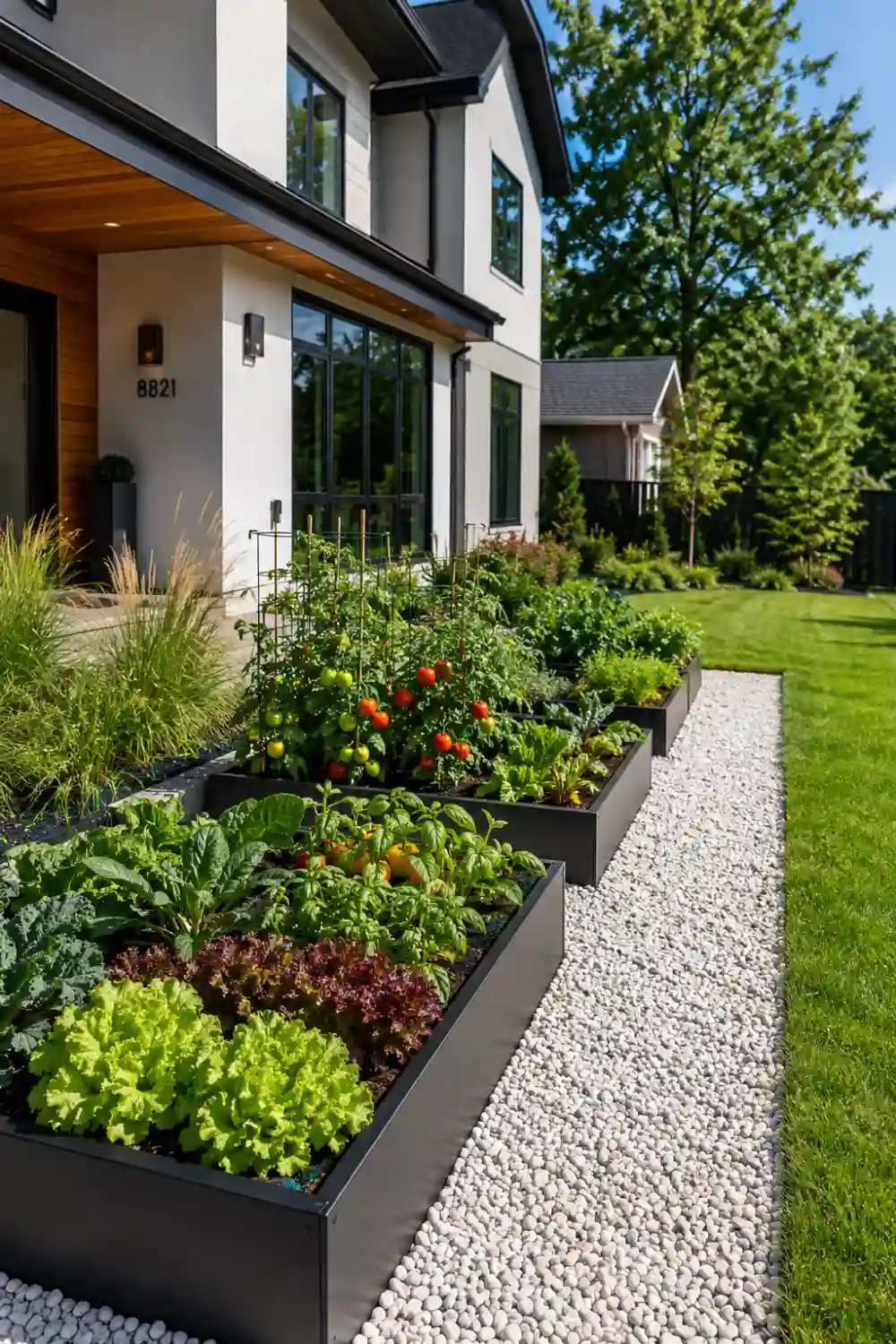 Modern black raised bed front yard vegetable garden beside a contemporary home featuring sleek black planters filled with lettuce, tomatoes, basil, kale, peppers, and herbs, accented by white gravel pathways, lush landscaping, and clean modern curb appeal.