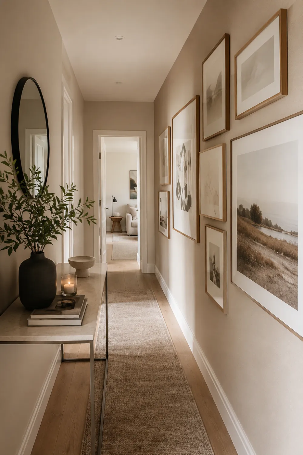 Narrow hallway with a stylish gallery wall featuring neutral framed artwork, slim console table, round black mirror, decorative greenery, textured runner rug, warm beige walls, light wood flooring, and modern minimalist decor creating an elegant designer-inspired corridor.