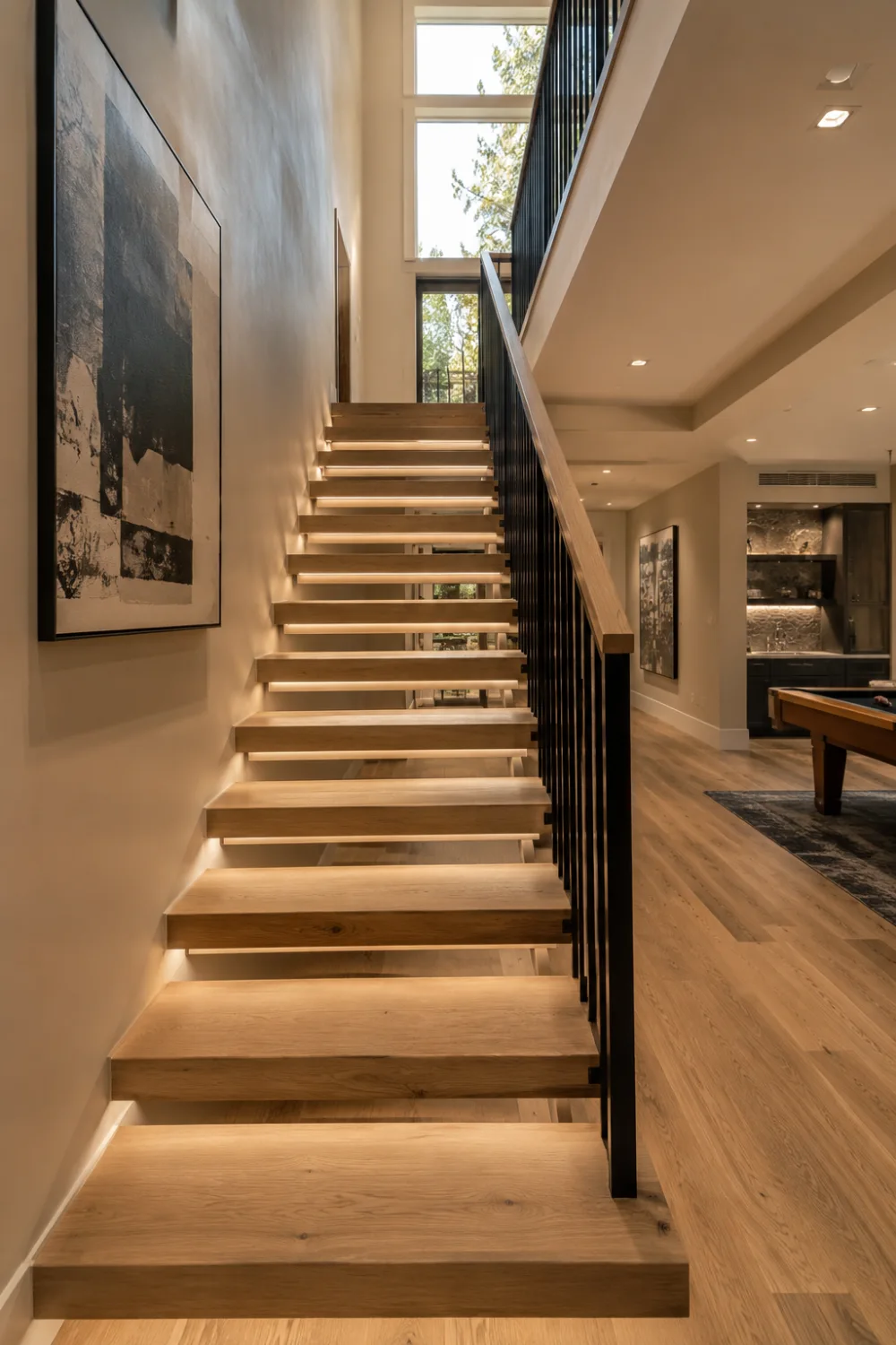 Modern floating wood basement stairs with open risers, integrated LED lighting, black metal railing, natural oak treads, and luxury contemporary basement design