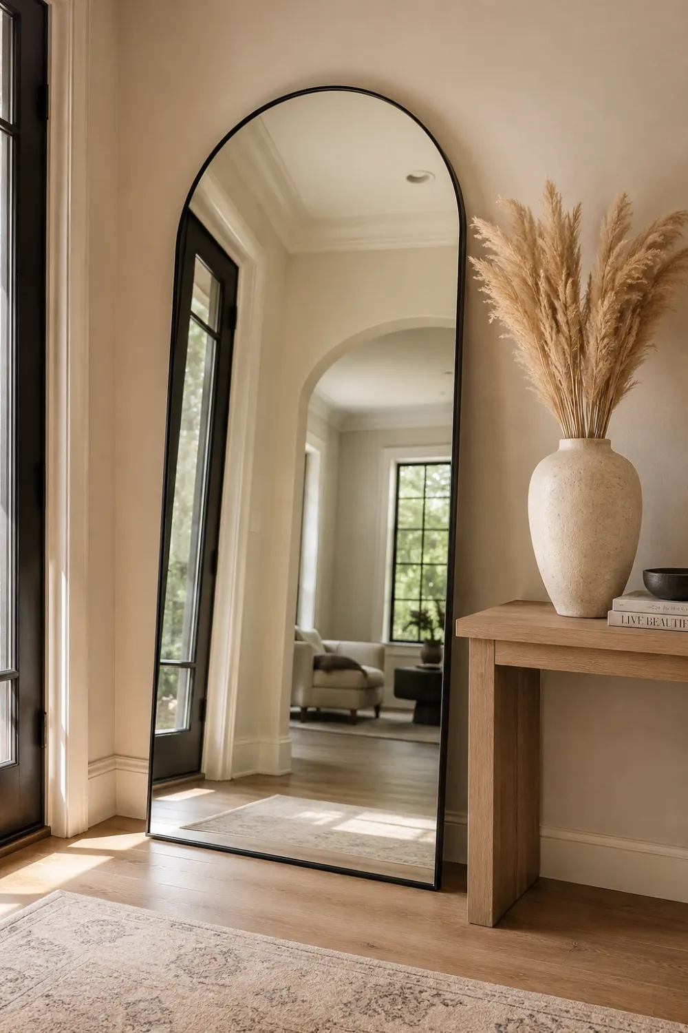 Large oversized arched floor mirror with a sleek black frame styled in a luxury entryway featuring warm wood flooring, neutral walls, pampas grass decor, and soft natural lighting. Elegant mirror design reflects light throughout the room, creating a bright and spacious atmosphere while showcasing one of the most popular modern home decor trends for 2026.
