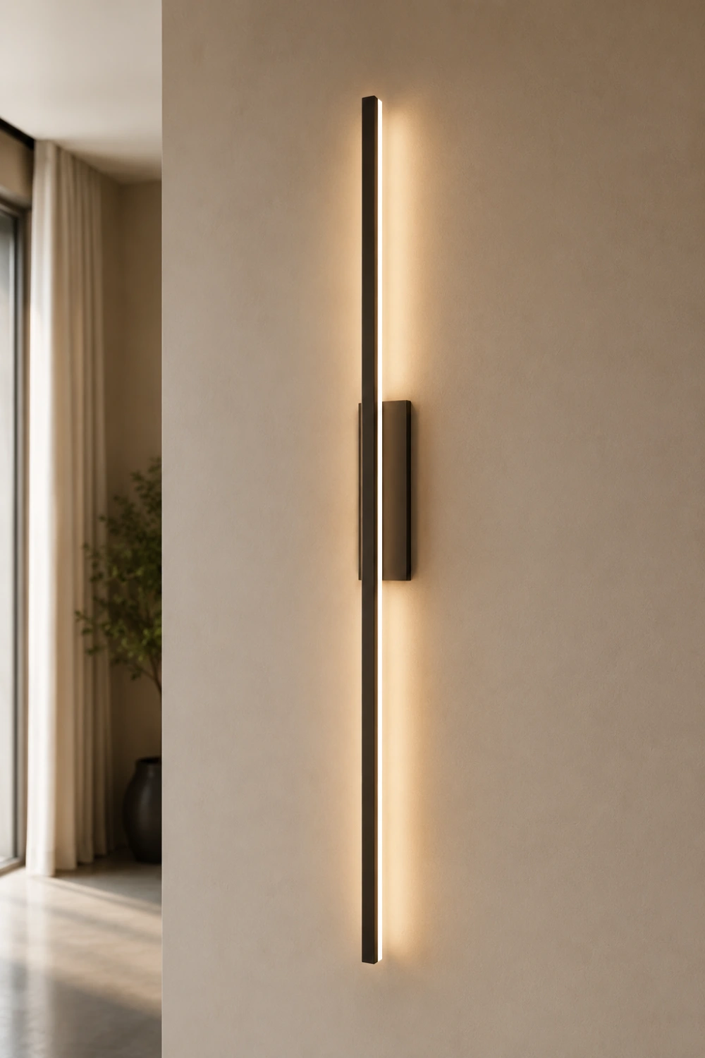 Minimalist linear LED wall light with a sleek black architectural frame mounted vertically on a modern beige wall, casting a soft warm glow that enhances contemporary interiors with clean lines and luxury ambient lighting.