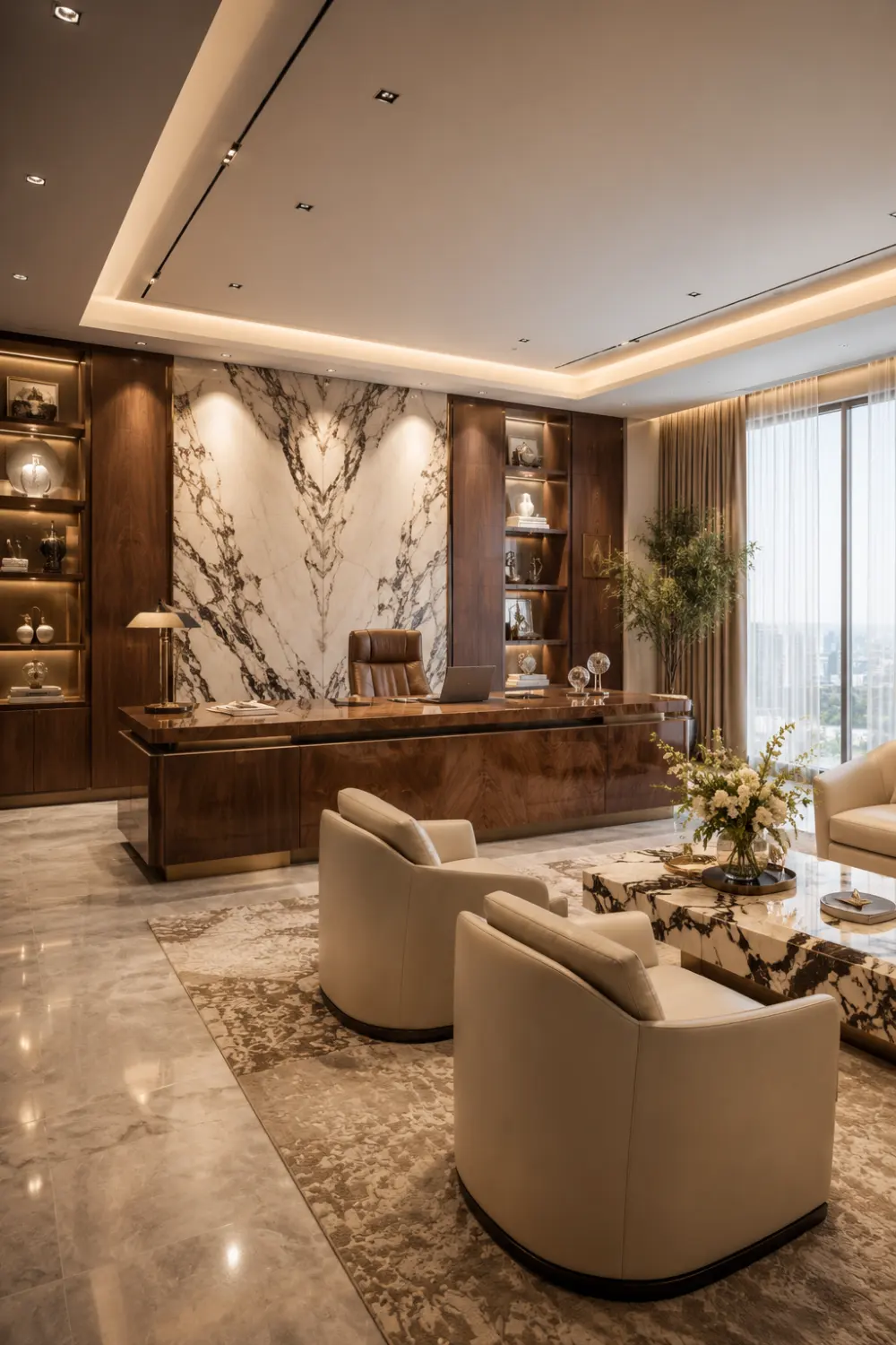 Ultra luxury corporate office with a statement marble feature wall, rich wood paneling, custom executive desk, built-in illuminated shelving, premium lounge seating, elegant décor accents, and sophisticated architectural lighting designed for executive workspaces.