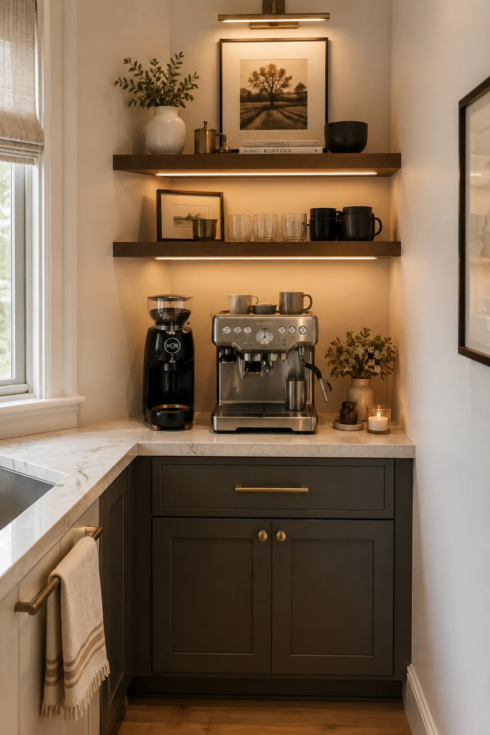 Elegant corner coffee nook with floating shelves, espresso machine, coffee grinder, decorative artwork, warm LED lighting, organized mugs, and custom cabinetry designed to maximize unused kitchen corner space in a modern home.