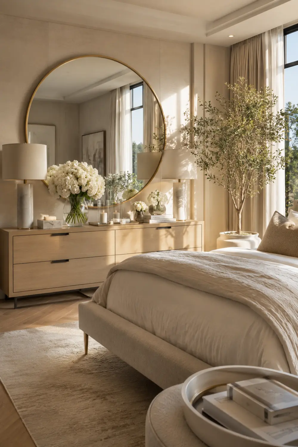 Oversized round mirror mounted above a modern dresser in a bright luxury bedroom with fresh flowers, table lamps, neutral furnishings, natural sunlight, elegant decor accessories, and contemporary bedroom styling