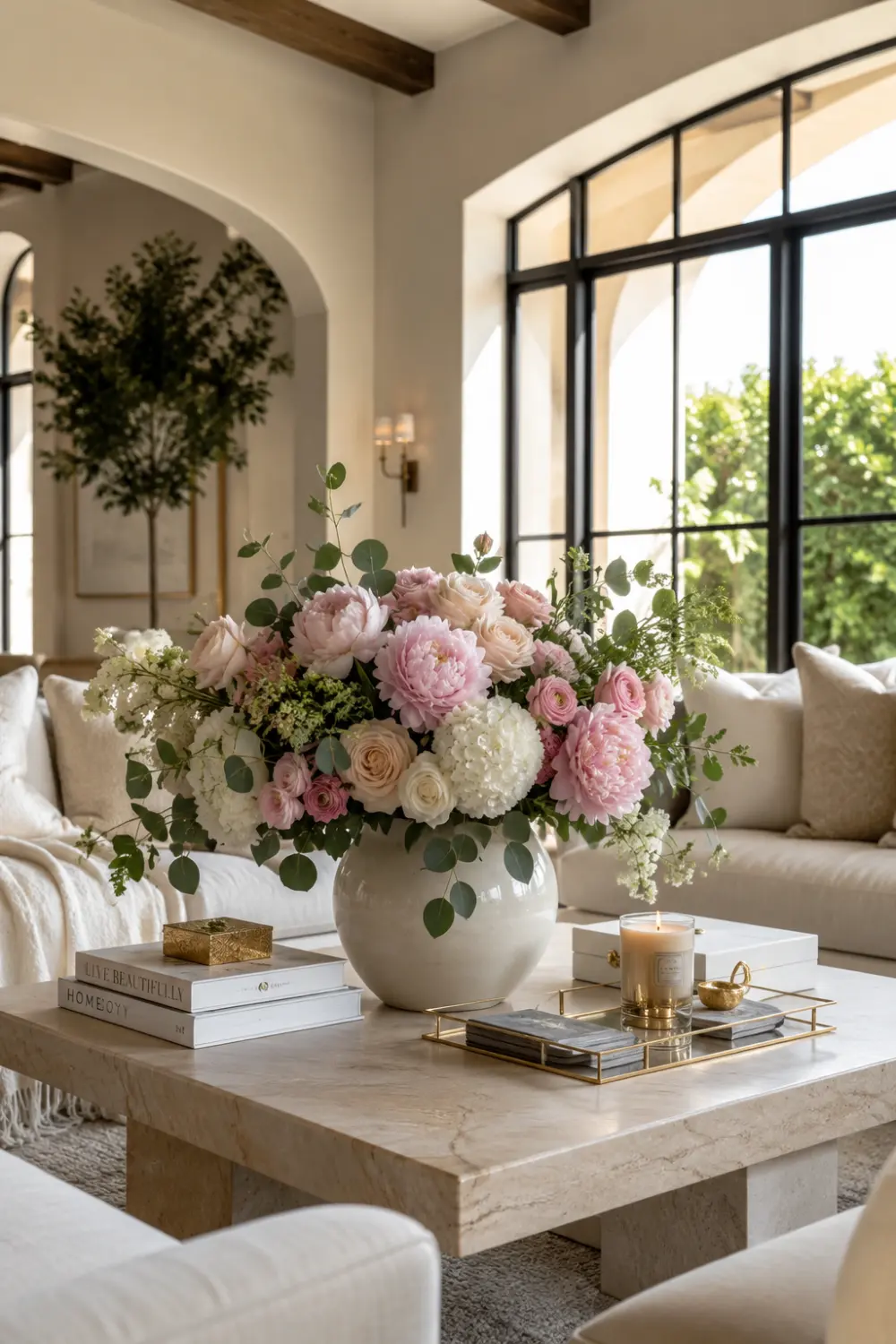 Large fresh flower coffee table centerpiece with blush peonies, white hydrangeas, roses, and eucalyptus arranged in a designer vase on a marble coffee table surrounded by candles, books, and luxury living room decor in a bright modern home.