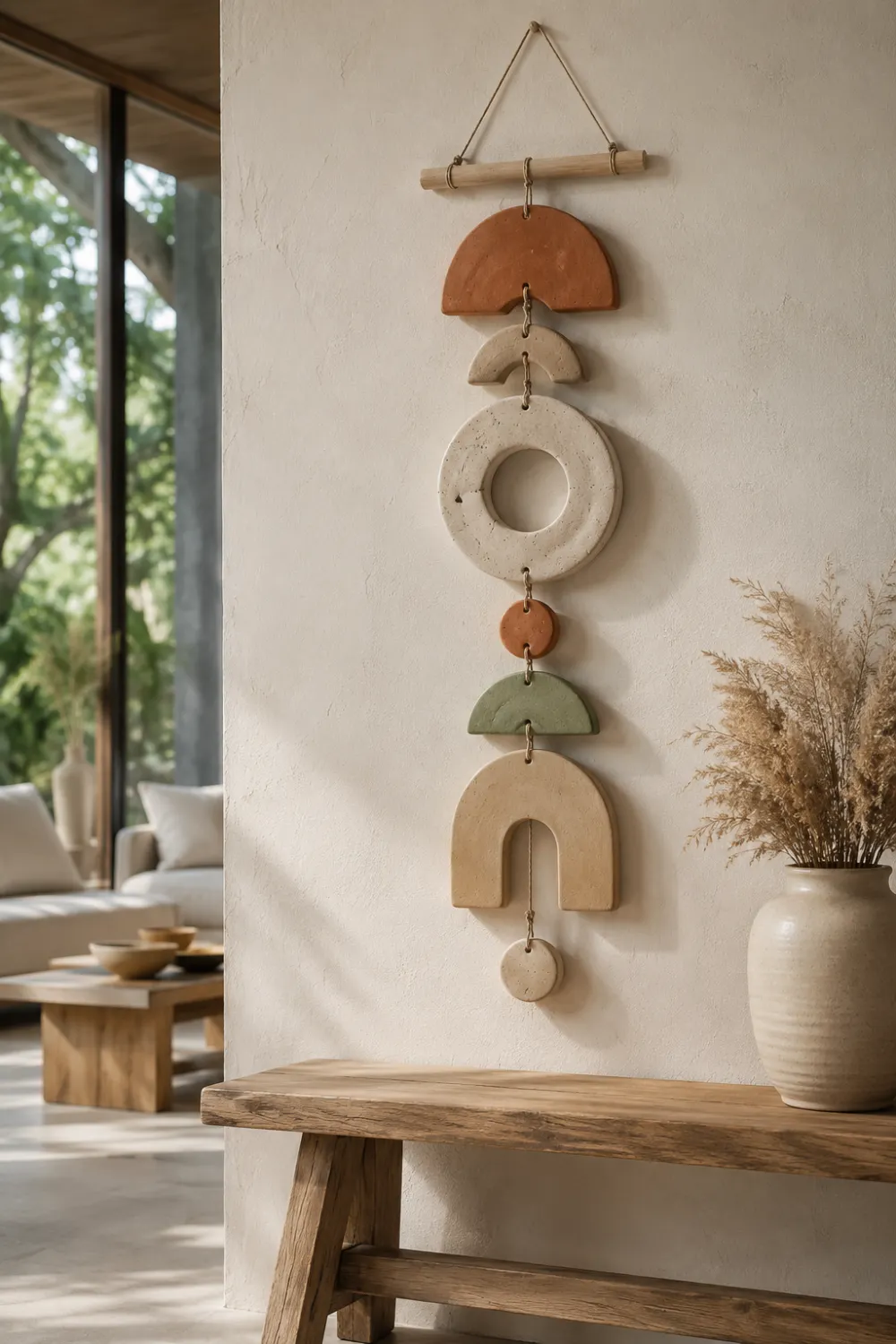 Modern DIY clay wall hanging featuring abstract arches, circles, and geometric clay shapes in terracotta, ivory, and sage green tones, displayed on a textured wall in a bright Scandinavian-inspired interior with natural sunlight.