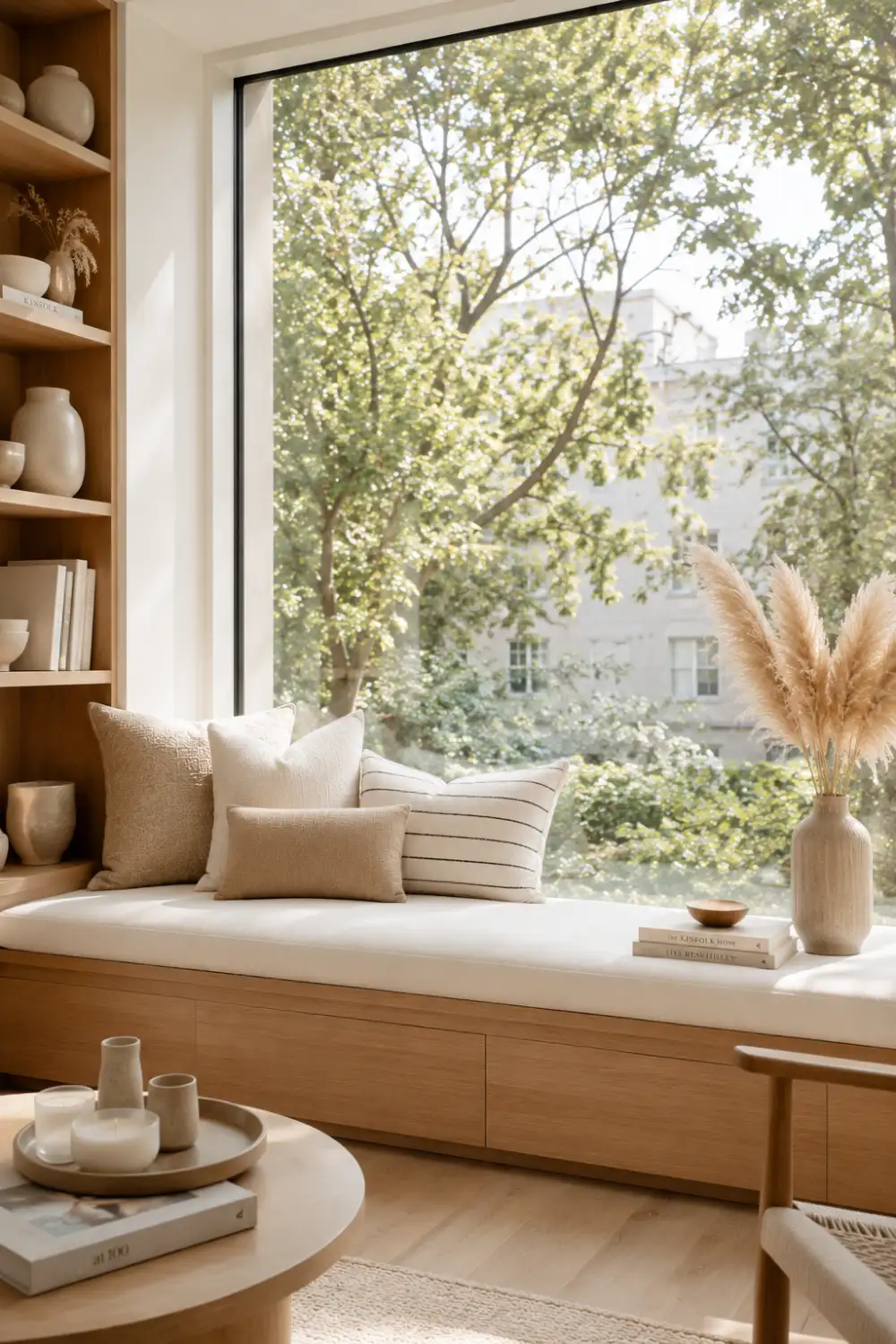 Modern minimalist window seat with built in storage, light wood cabinetry, cream cushions, neutral accent pillows, pampas grass, and a large picture window overlooking lush greenery. Bright natural sunlight and clean architectural lines create a calm and elegant home retreat.
