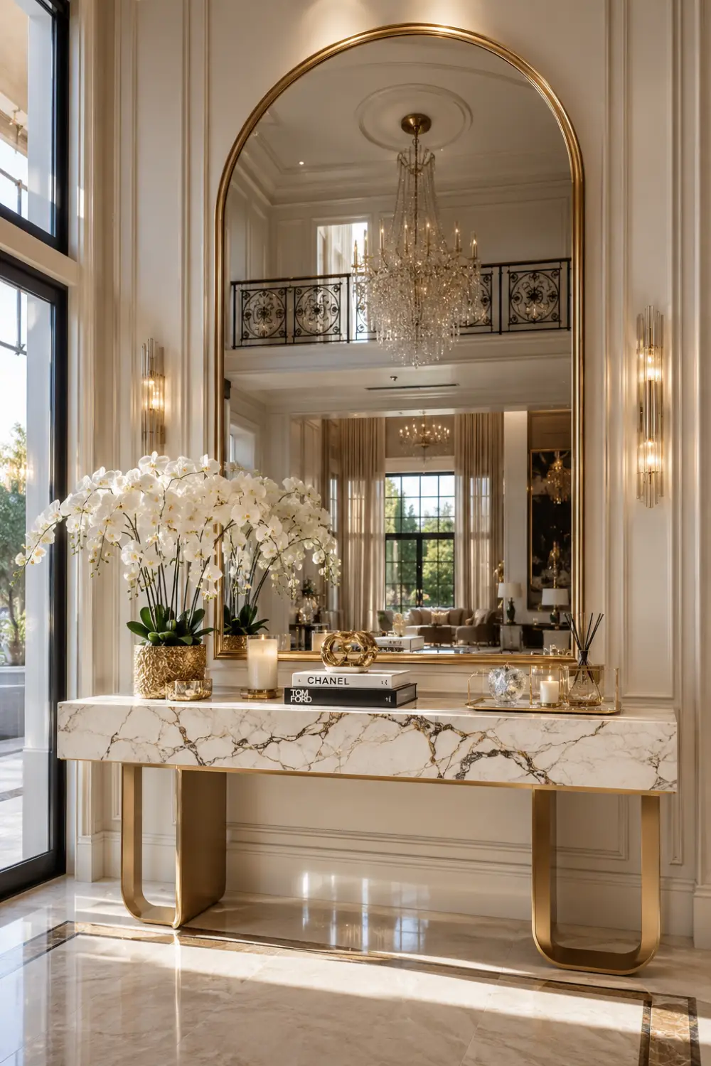 Luxury marble and gold console table styled with white orchids, designer books, candles, gold decor accents, and a grand arched mirror inside an elegant mansion foyer with marble flooring, wall moldings, and crystal chandelier lighting.