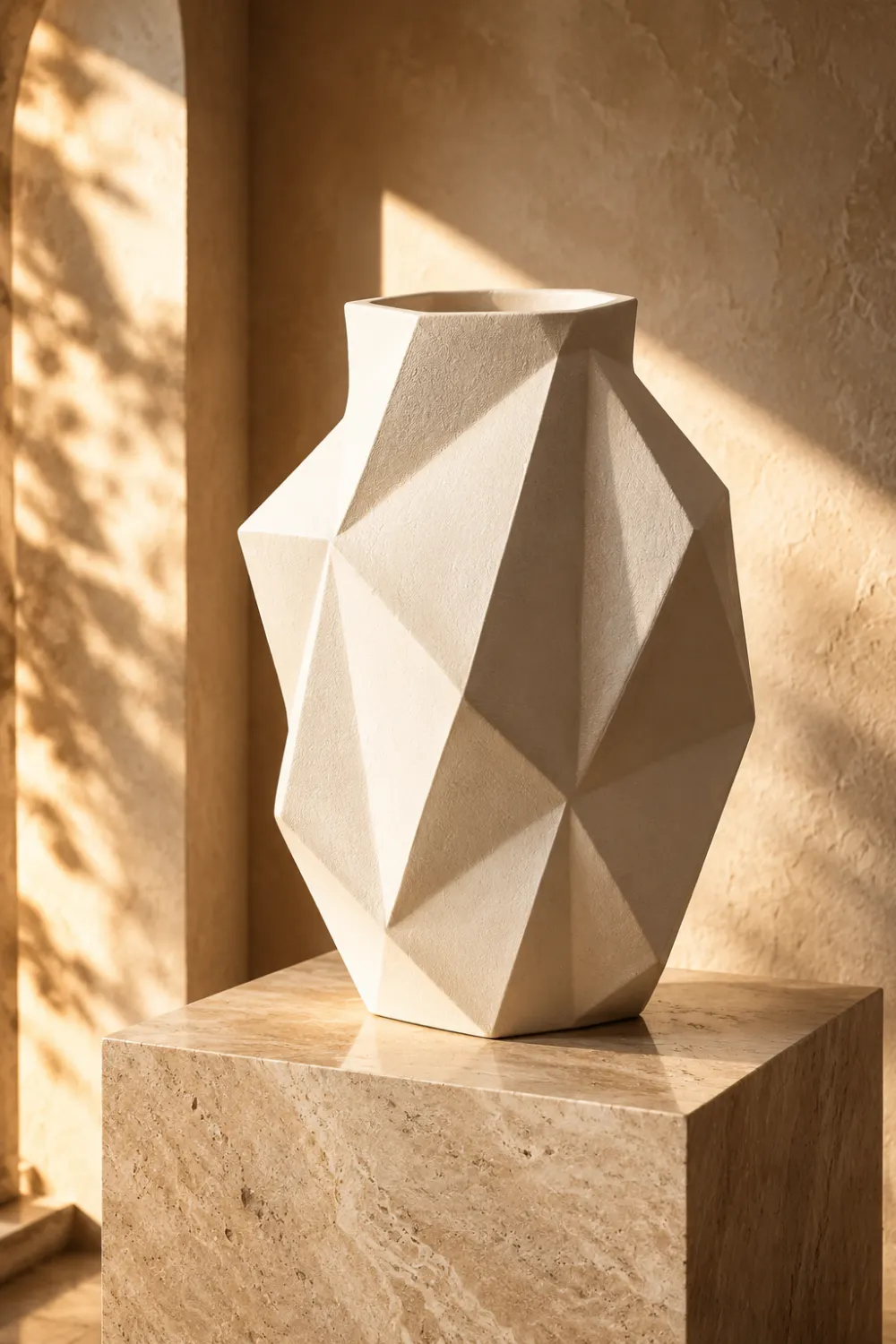 Large geometric ceramic vase with modern faceted design and matte ivory finish displayed on a travertine pedestal in a luxury minimalist home decor setting