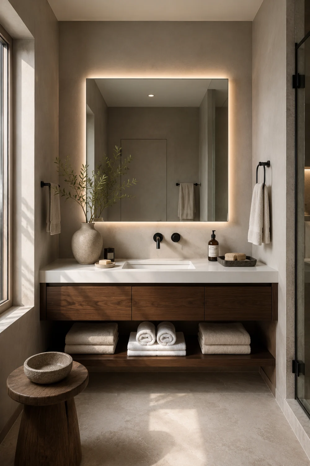 Warm greige bathroom paint color with dark wood vanity, white countertop, backlit mirror, neutral wall color, and elegant small bathroom renovation inspiration