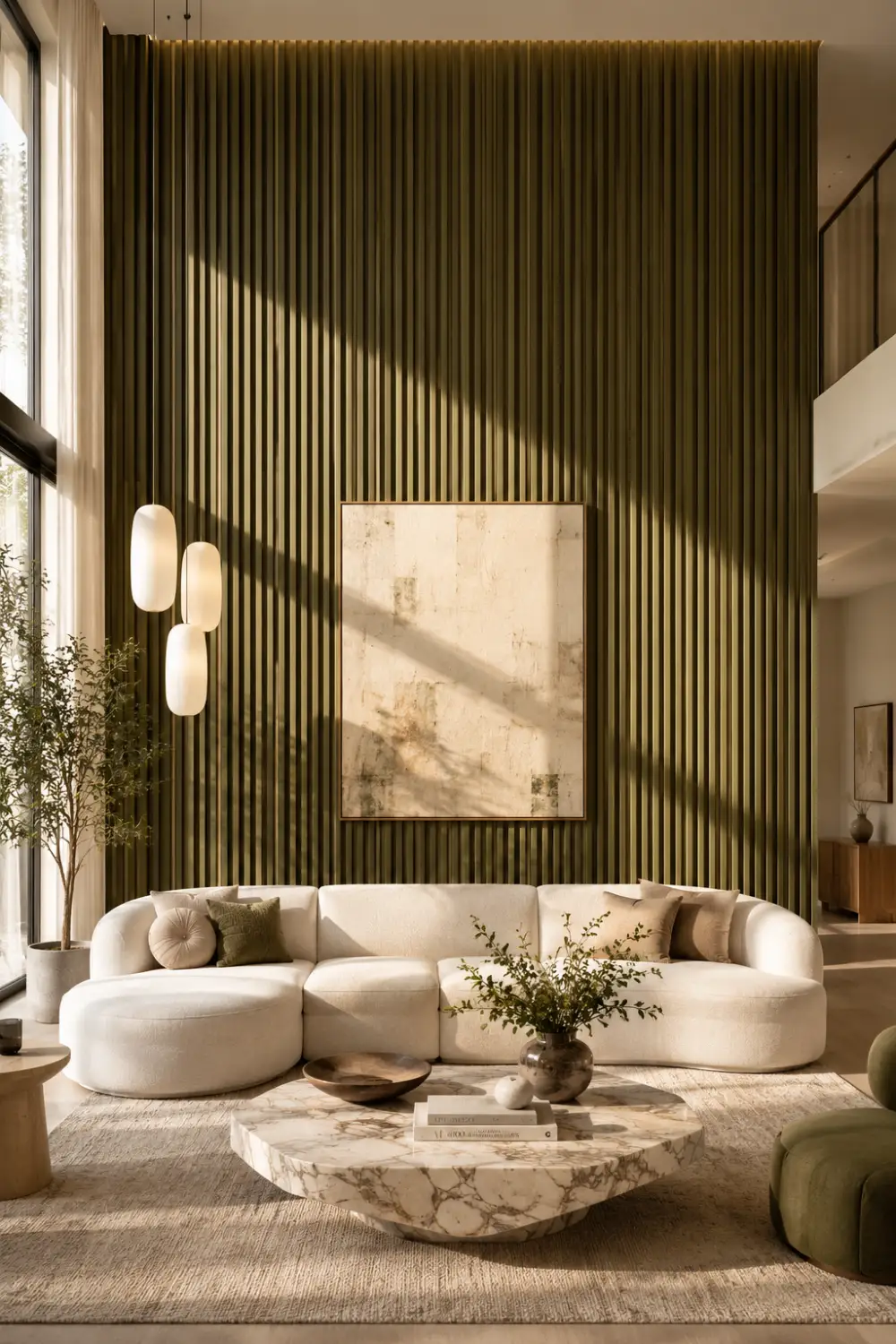 Elegant olive green fluted panel accent wall with floor to ceiling vertical grooves, luxury modern interior design, textured feature wall, sophisticated architectural detailing, contemporary home decor inspiration with designer styling.