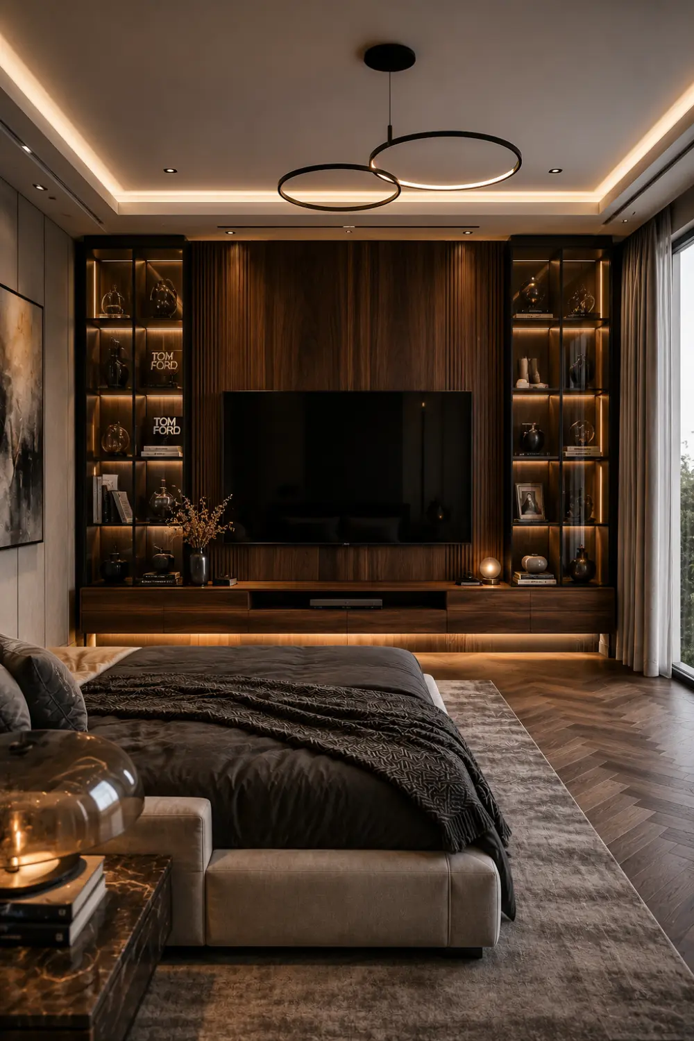 Luxury wood and smoked glass bedroom TV wall featuring illuminated display cabinets, walnut wood panels, floating media console, ambient shelf lighting, modern bedroom decor, designer storage solutions, elegant TV wall styling, and high end bedroom interior inspiration.