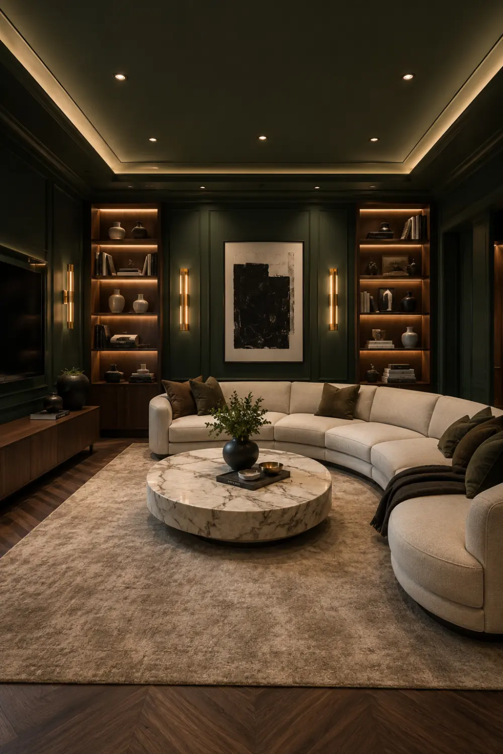 Luxury Black Forest Green living room with dark green walls, curved cream sectional sofa, marble coffee table, built in shelving, brass wall sconces, warm lighting, designer decor, and upscale modern interior design.