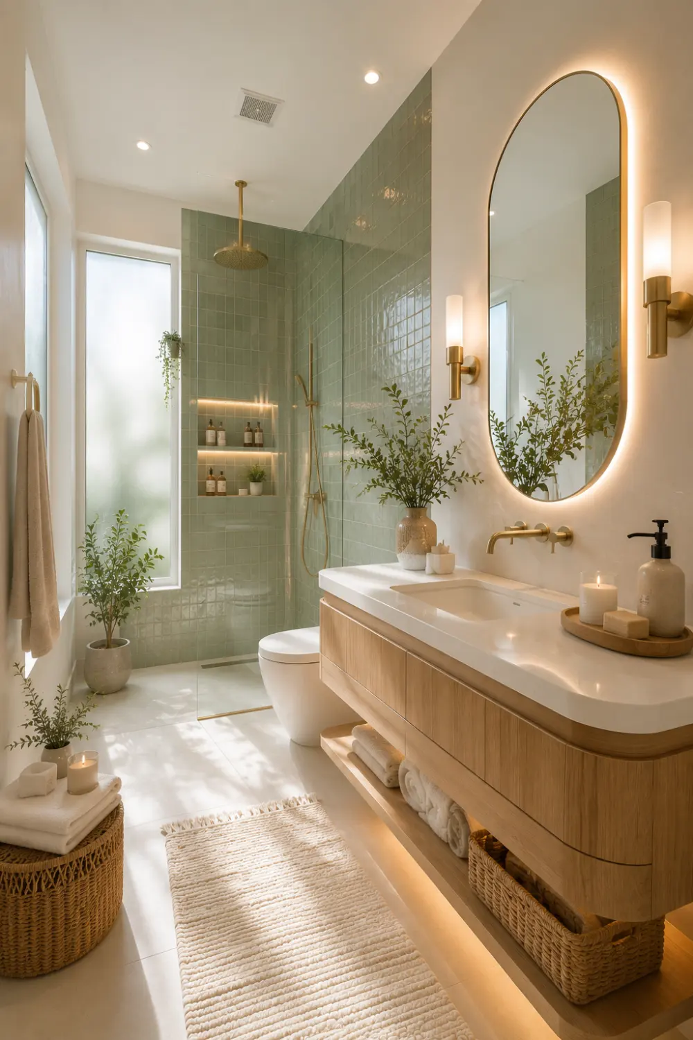 Soft sage green small bathroom featuring glossy green wall tiles, a floating light oak vanity with a seamless white countertop, brushed brass fixtures, oversized arched LED mirror, frameless glass shower, illuminated recessed niches, woven baskets, candles, indoor plants, and bright natural light creating a relaxing luxury spa bathroom.
