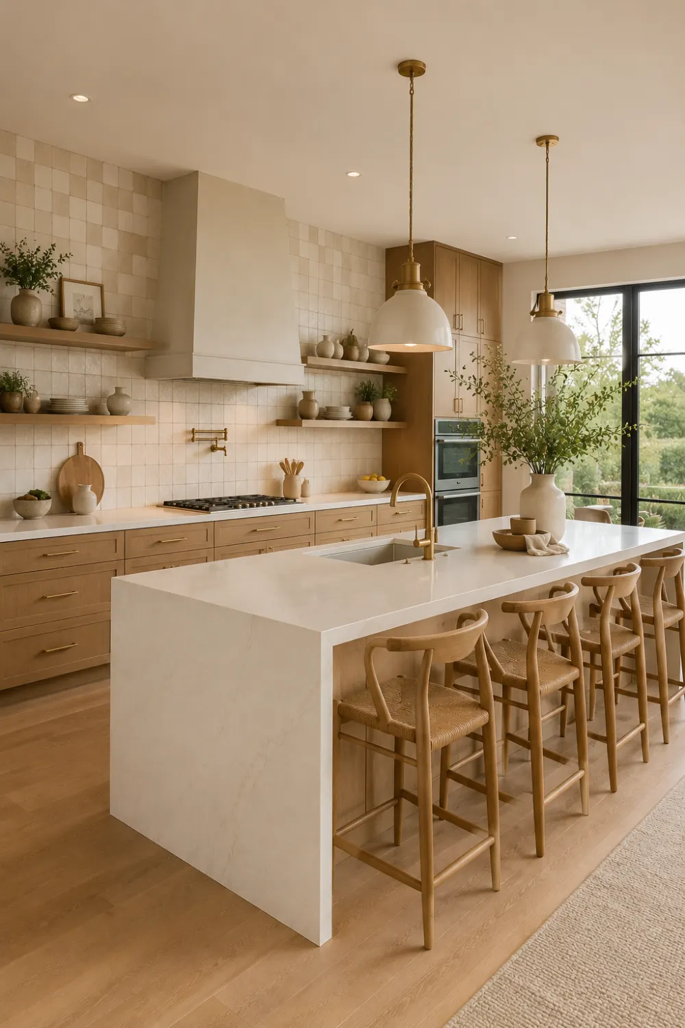 Beautiful neutral handmade tile kitchen backsplash with soft ivory ceramic tiles, warm oak cabinets, white quartz countertops, floating wood shelves, brass hardware, oversized pendant lights, and modern organic decor. This bright luxury kitchen showcases timeless neutral tones and handcrafted textures that create a clean, elegant, and inviting contemporary kitchen design.