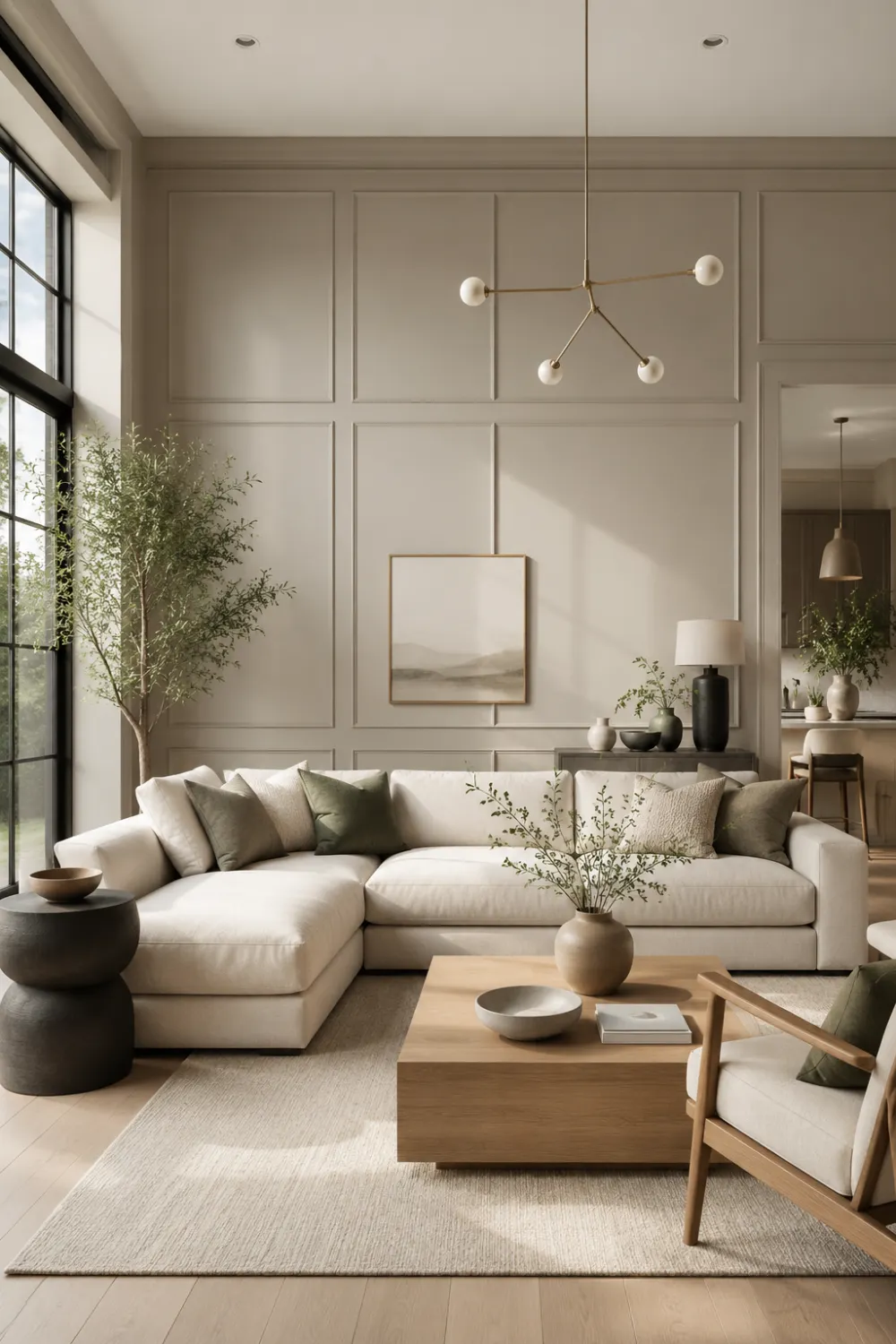 Modern flat panel wainscoting in a contemporary living room featuring greige wall panels, minimalist furniture, large black framed windows, neutral décor, natural wood accents, and sophisticated modern interior styling.