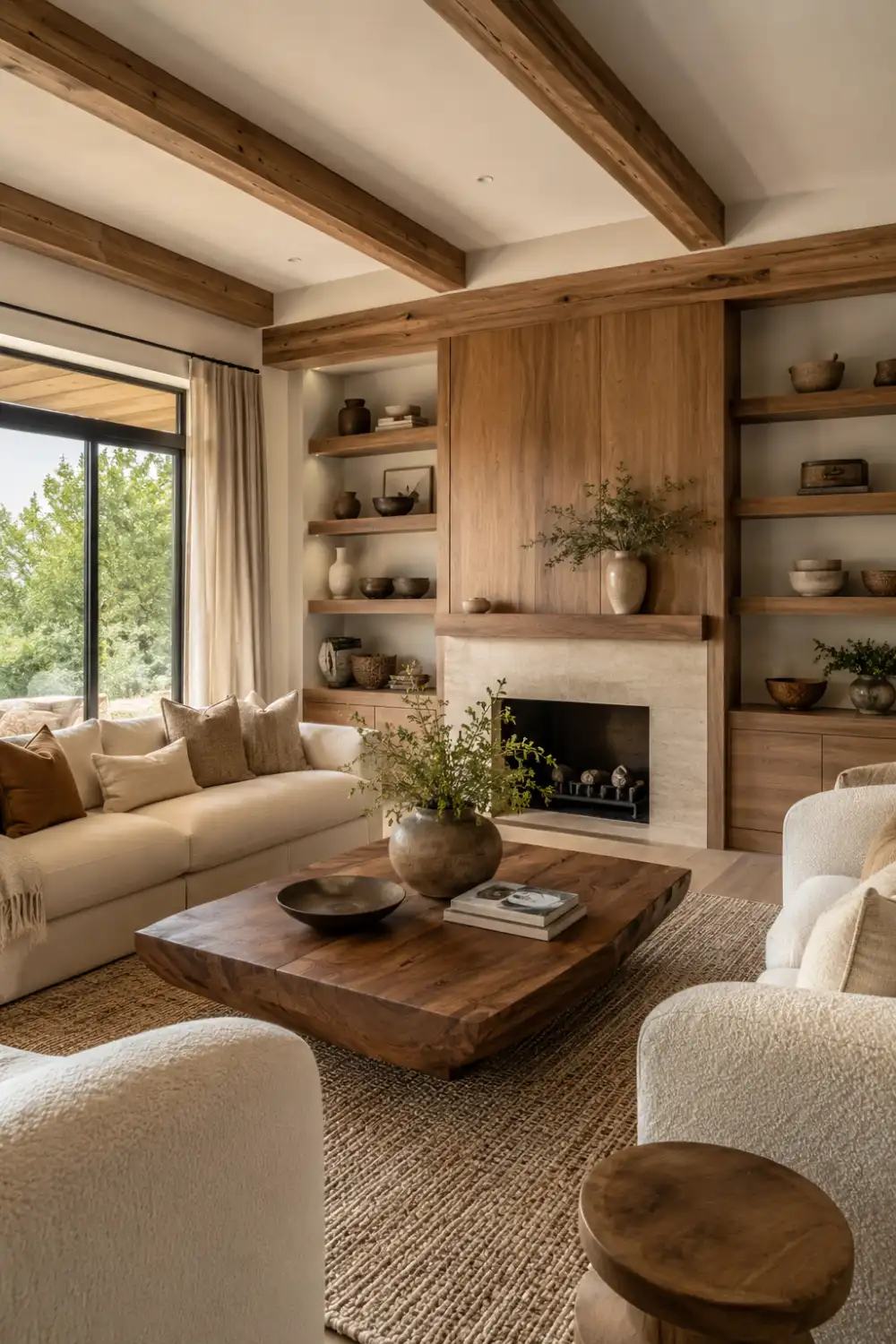 Warm living room featuring exposed wooden ceiling beams, custom built-in shelving, natural wood cabinetry, oversized wooden coffee table, neutral furniture, and organic home decor creating a cozy rustic-modern atmosphere.