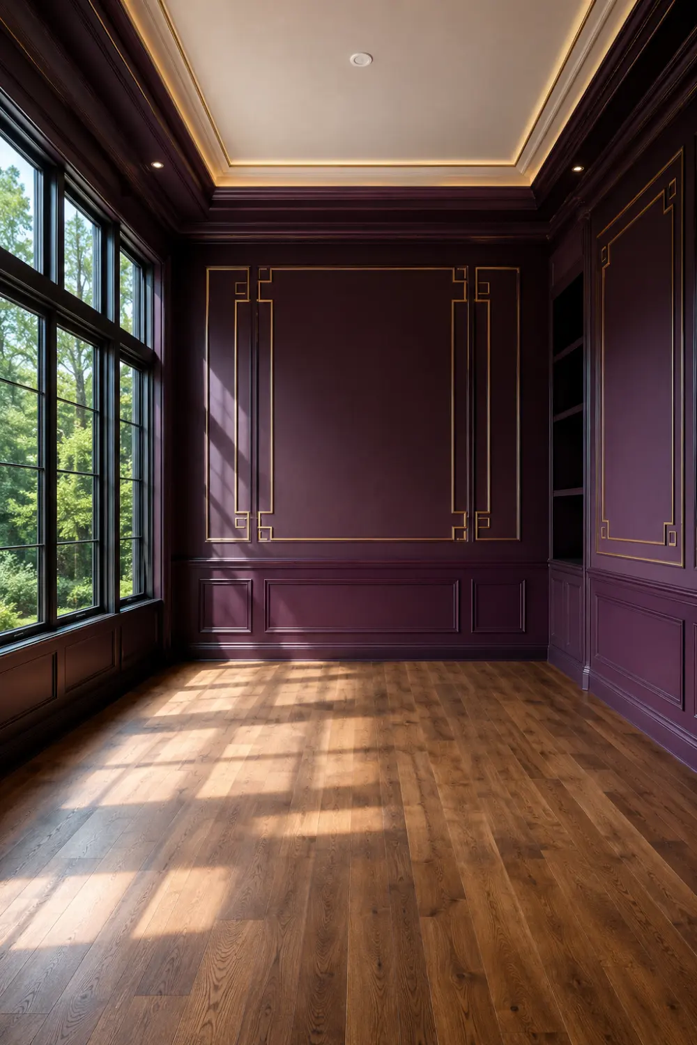 Elegant dining room painted in a rich eggplant purple shade featuring decorative wall molding, gold trim accents, warm wood flooring, large windows, and luxury interior architecture with dramatic jewel-toned walls.