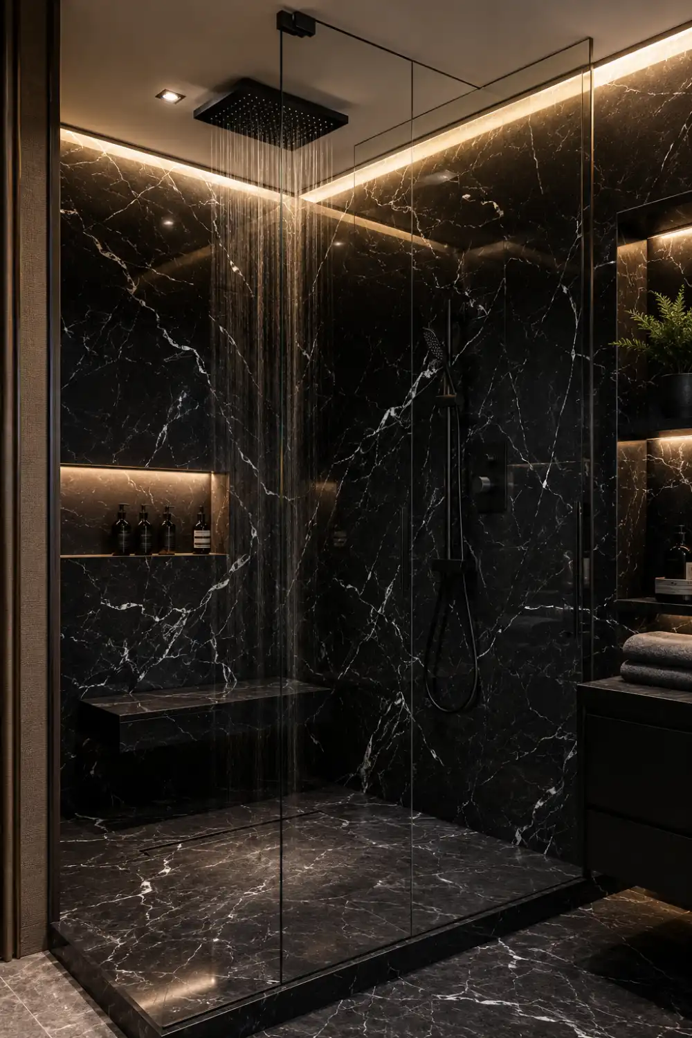 Moody black marble walk-in shower with matte black fixtures, frameless glass enclosure, built-in bench, illuminated niches, and luxury hotel-inspired bathroom design.