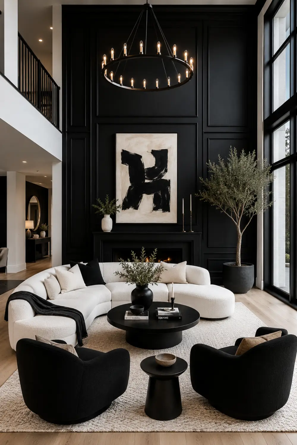 Black accent wall living room with curved white sofa, oversized chandelier, monochrome artwork, black paneling, and luxury modern decor.