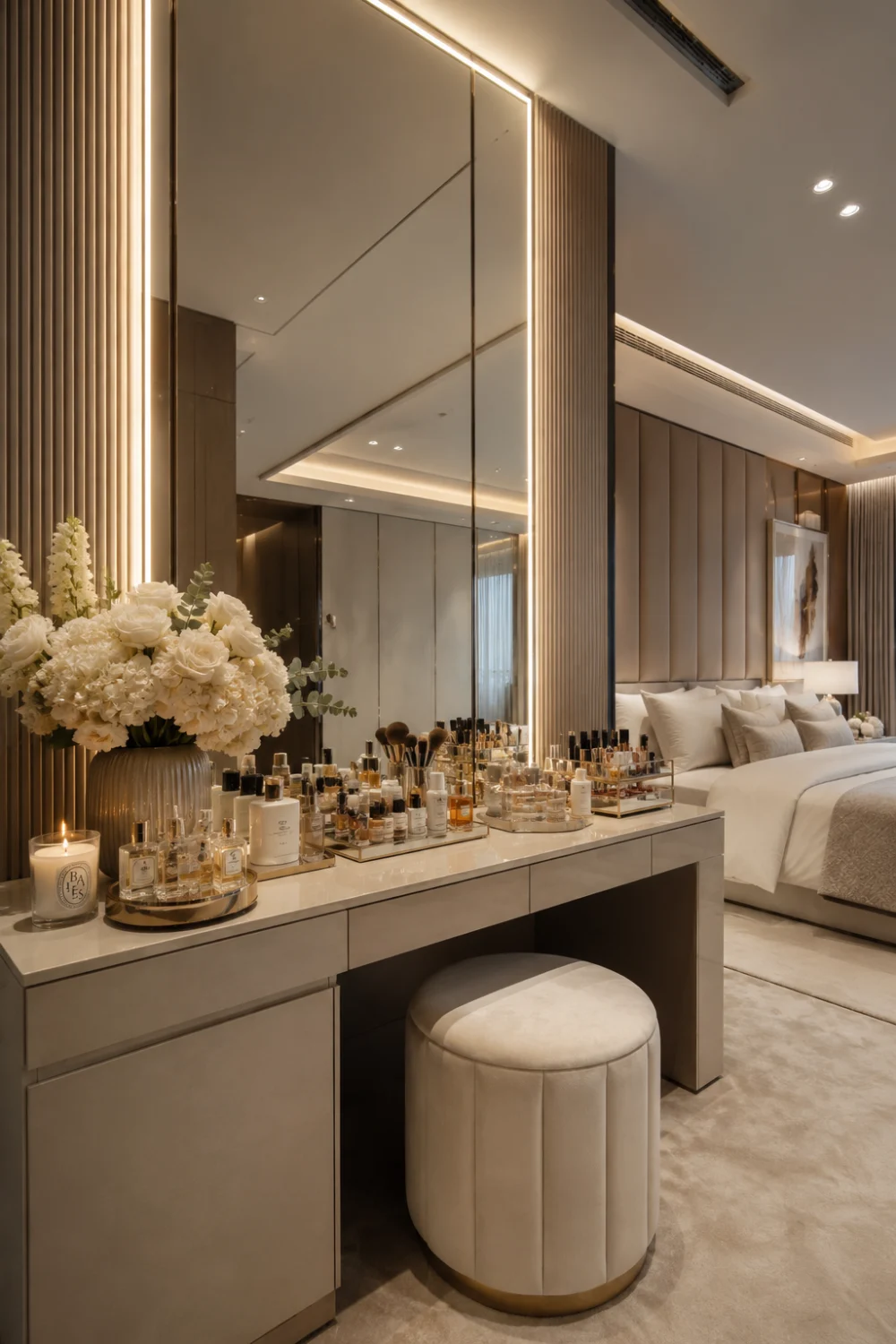 Floor-to-ceiling mirror dressing table with illuminated vanity mirror, luxury makeup organization, premium skincare products, decorative candles, fresh floral arrangements, upholstered stool, and sophisticated modern bedroom with warm ambient lighting