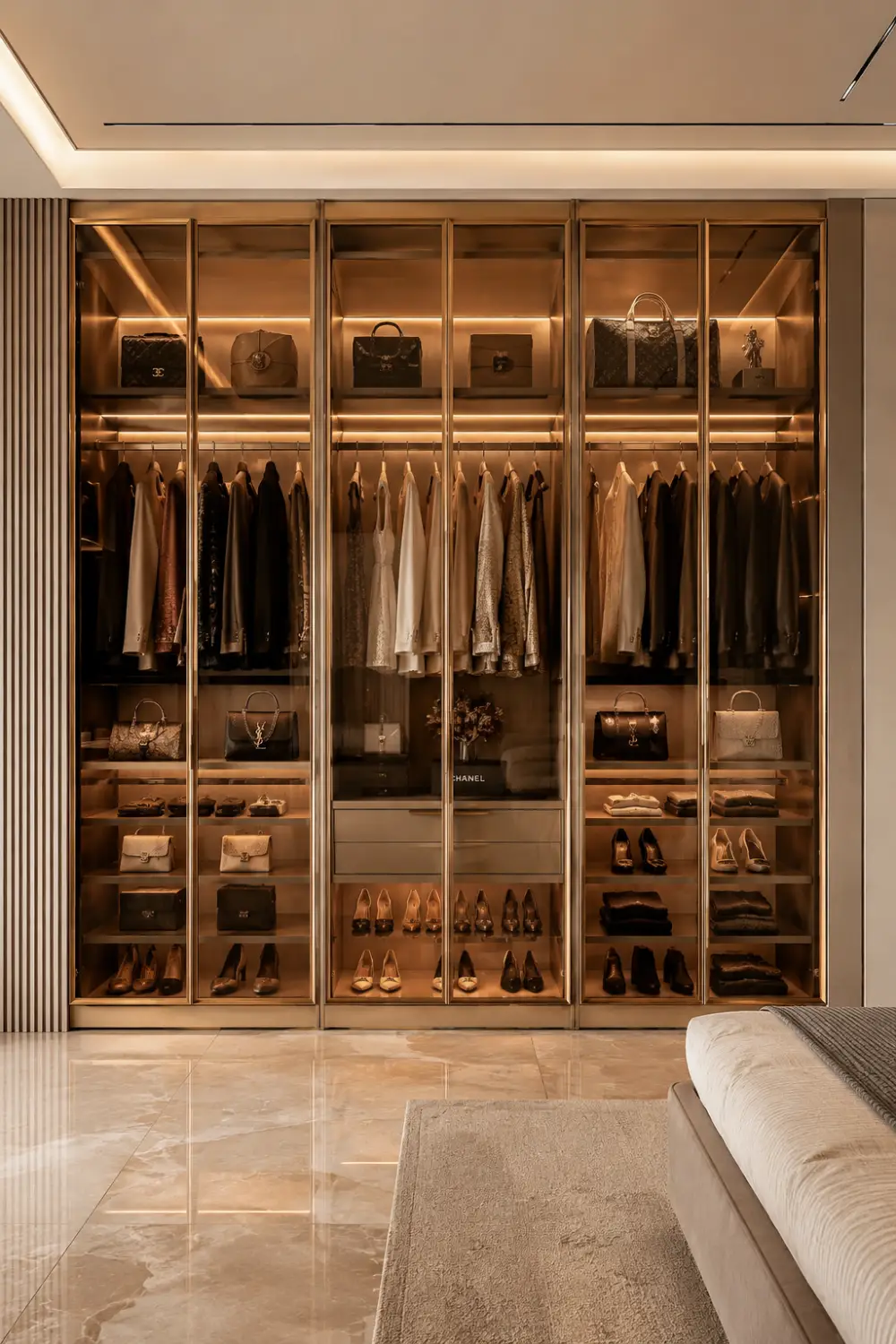 Floor-to-ceiling glass wardrobe with bronze metal framing, illuminated shelves, luxury handbags, designer clothing displays, marble flooring, and warm LED lighting in a sophisticated modern bedroom.