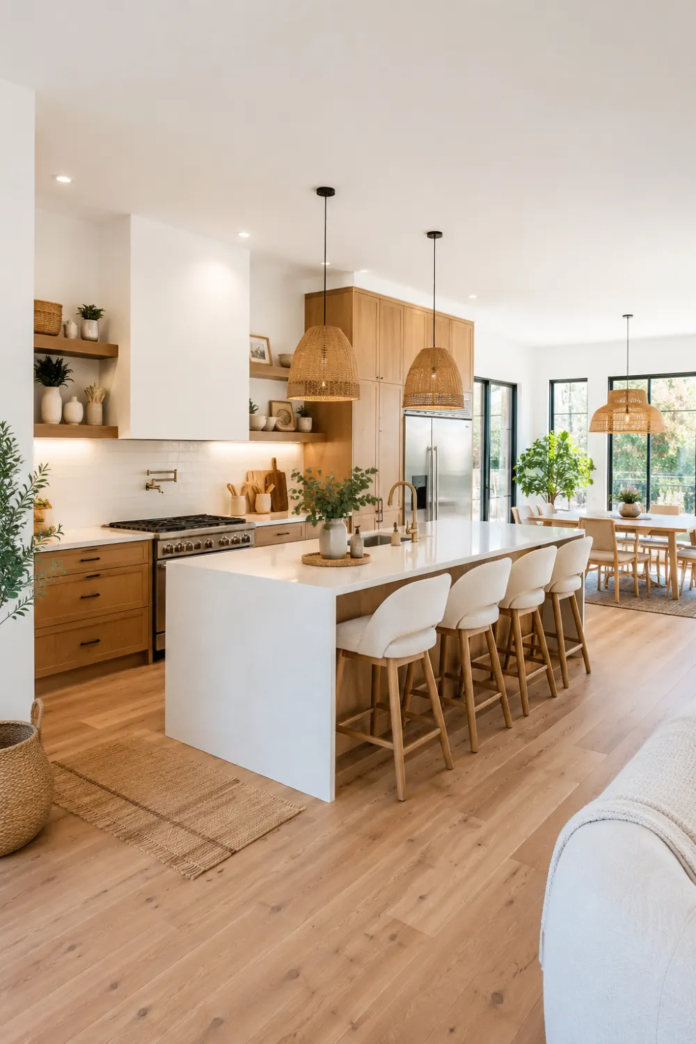 Warm wood and white open kitchen with natural oak cabinetry, oversized white quartz island, woven pendant lights, Scandinavian-inspired decor, open shelving, indoor plants, light wood flooring, and large windows that fill the modern kitchen with natural sunlight.