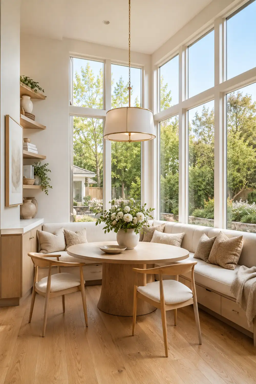 Modern breakfast nook with floor-to-ceiling windows, custom built-in bench seating, round oak pedestal table, neutral cushions, floating wood shelves, oversized pendant light, and a bright airy dining area filled with natural sunlight.