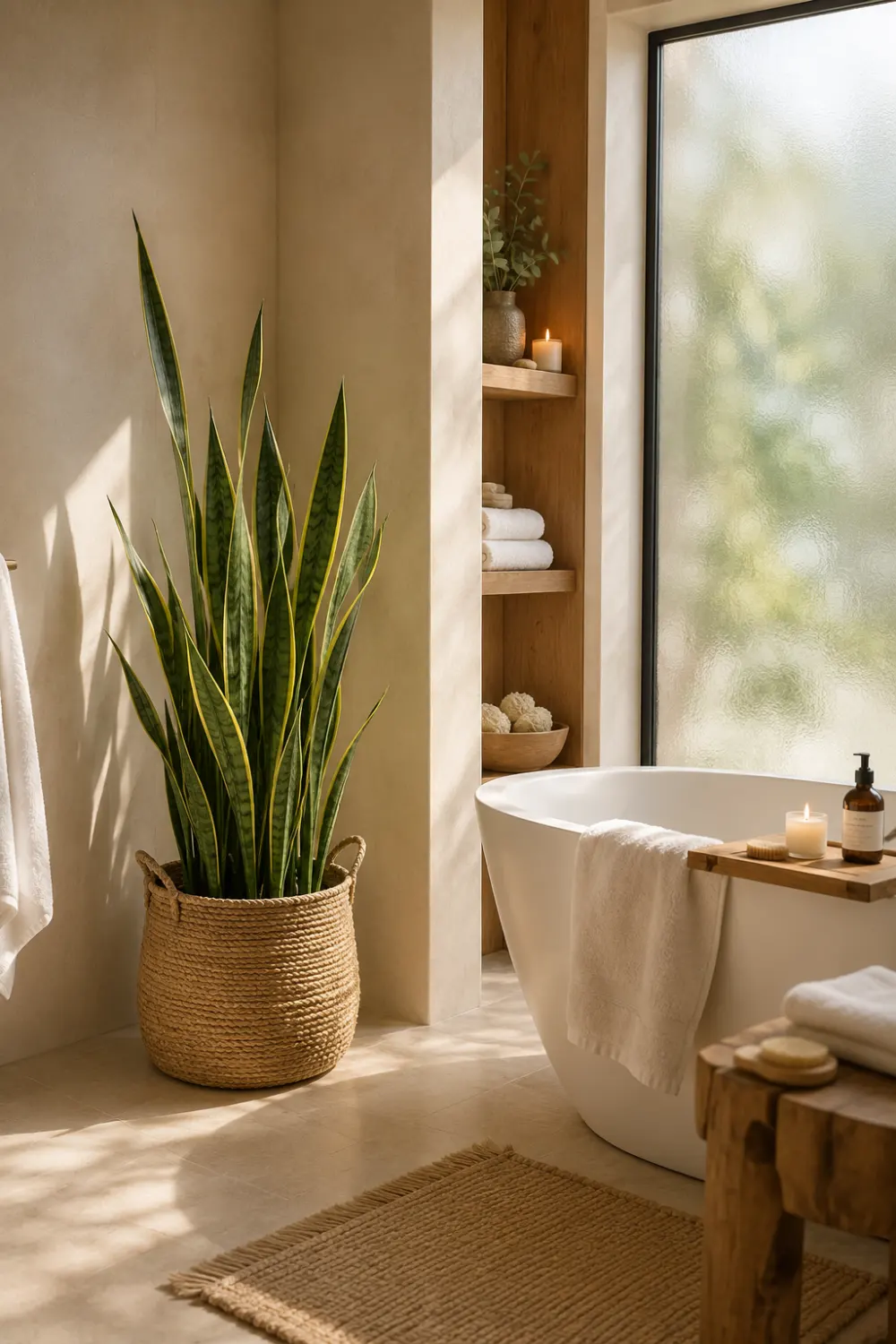 Modern bathroom corner featuring a tall snake plant in a woven basket beside a freestanding bathtub, neutral decor, natural textures, and spa-inspired bathroom styling