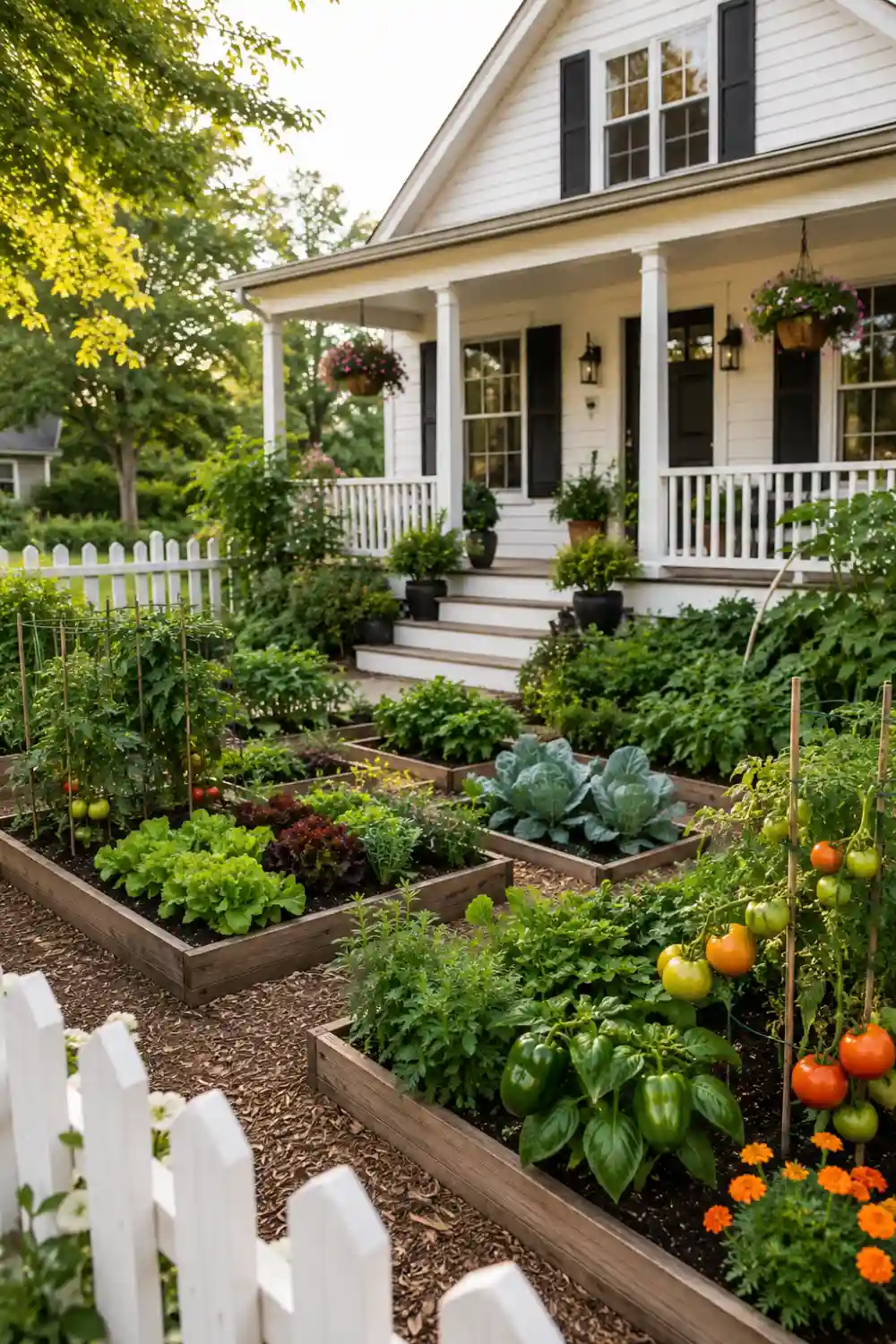 Farmhouse front yard vegetable garden with wooden raised beds growing tomatoes, peppers, lettuce, cabbage, herbs, and seasonal vegetables, surrounded by mulch pathways, white picket fencing, colorful flowers, and a charming farmhouse porch.