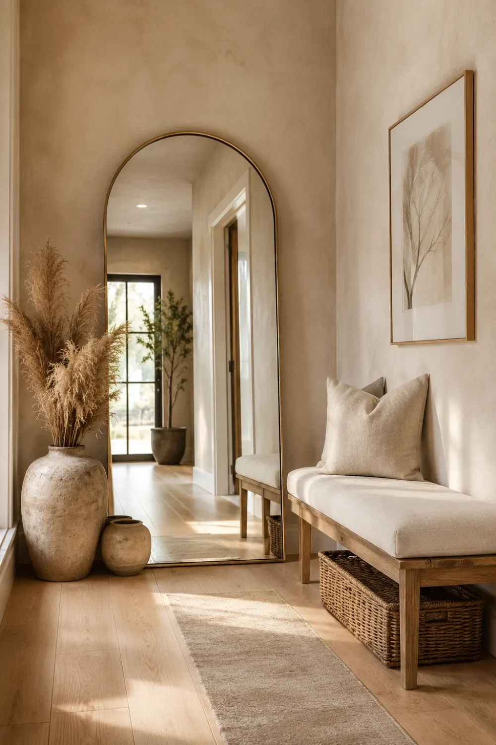 Elegant arched mirror hallway with oversized floor mirror, wooden bench with neutral cushions, decorative pottery, pampas grass arrangement, light oak flooring, soft beige walls, and abundant natural light creating a warm and airy entryway.