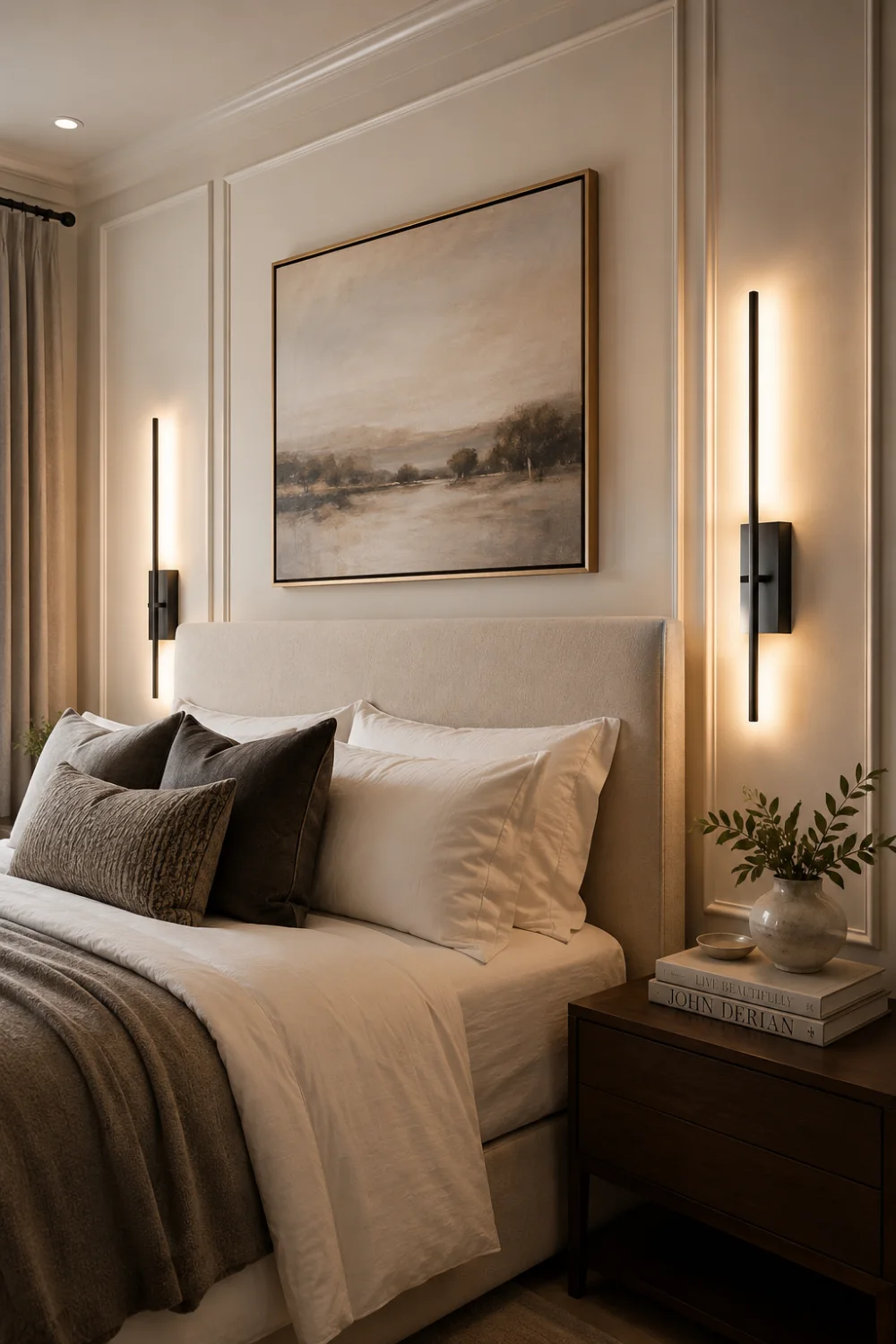 Modern LED wall sconces mounted beside a luxury upholstered bed in a sophisticated bedroom featuring warm ambient lighting, neutral bedding, decorative artwork, and designer-inspired styling. Contemporary wall lighting creates a cozy hotel-inspired atmosphere while enhancing the room's overall aesthetic and functionality.