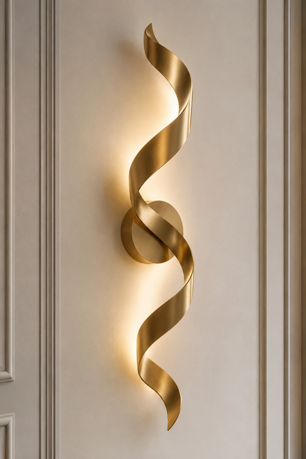 Luxury sculptural brass wall light featuring an artistic ribbon-inspired design with integrated warm illumination, mounted on a decorative wall panel in an upscale contemporary interior.