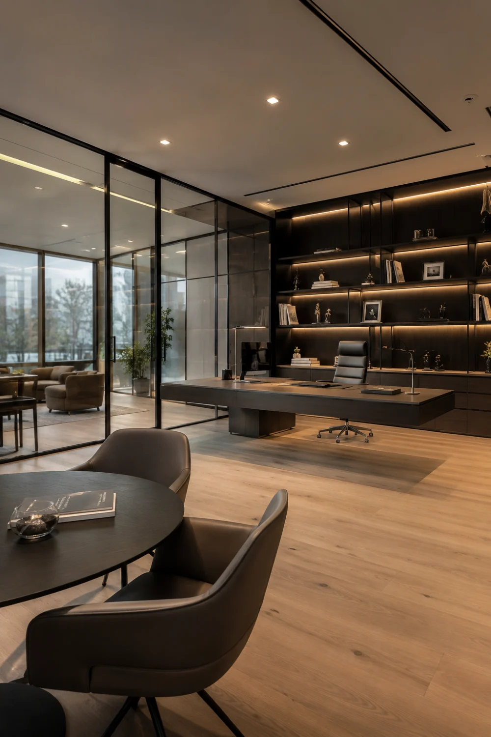 Modern glass executive office suite with floor-to-ceiling glass partitions, sleek floating desk, dark built-in shelving, warm wood flooring, minimalist furniture, ambient lighting, and contemporary corporate office architecture.
