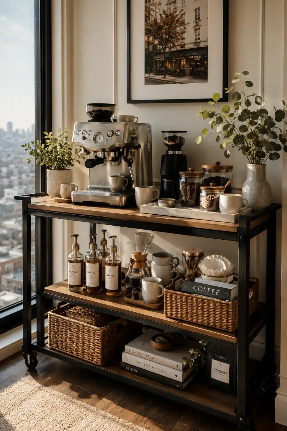 Rolling coffee cart station with wood shelves, black metal frame, espresso machine, coffee syrups, woven storage baskets, coffee mugs, decorative plants, and organized accessories positioned beside a bright apartment window.