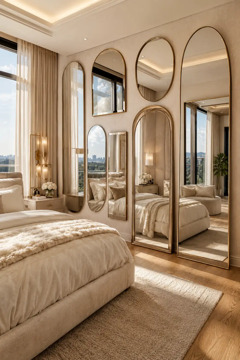Luxury bedroom featuring a stunning mirror gallery wall with arched, oval, and rectangular mirrors reflecting natural light, soft neutral decor, designer furnishings, and elegant modern interior styling