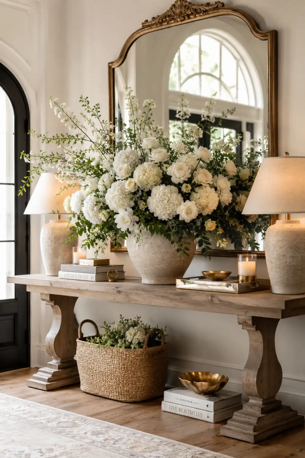 Elegant entryway console decorated with oversized white hydrangeas, roses, greenery, designer lamps, decorative mirror, candles, and luxury home accessories creating a welcoming flower filled foyer design.