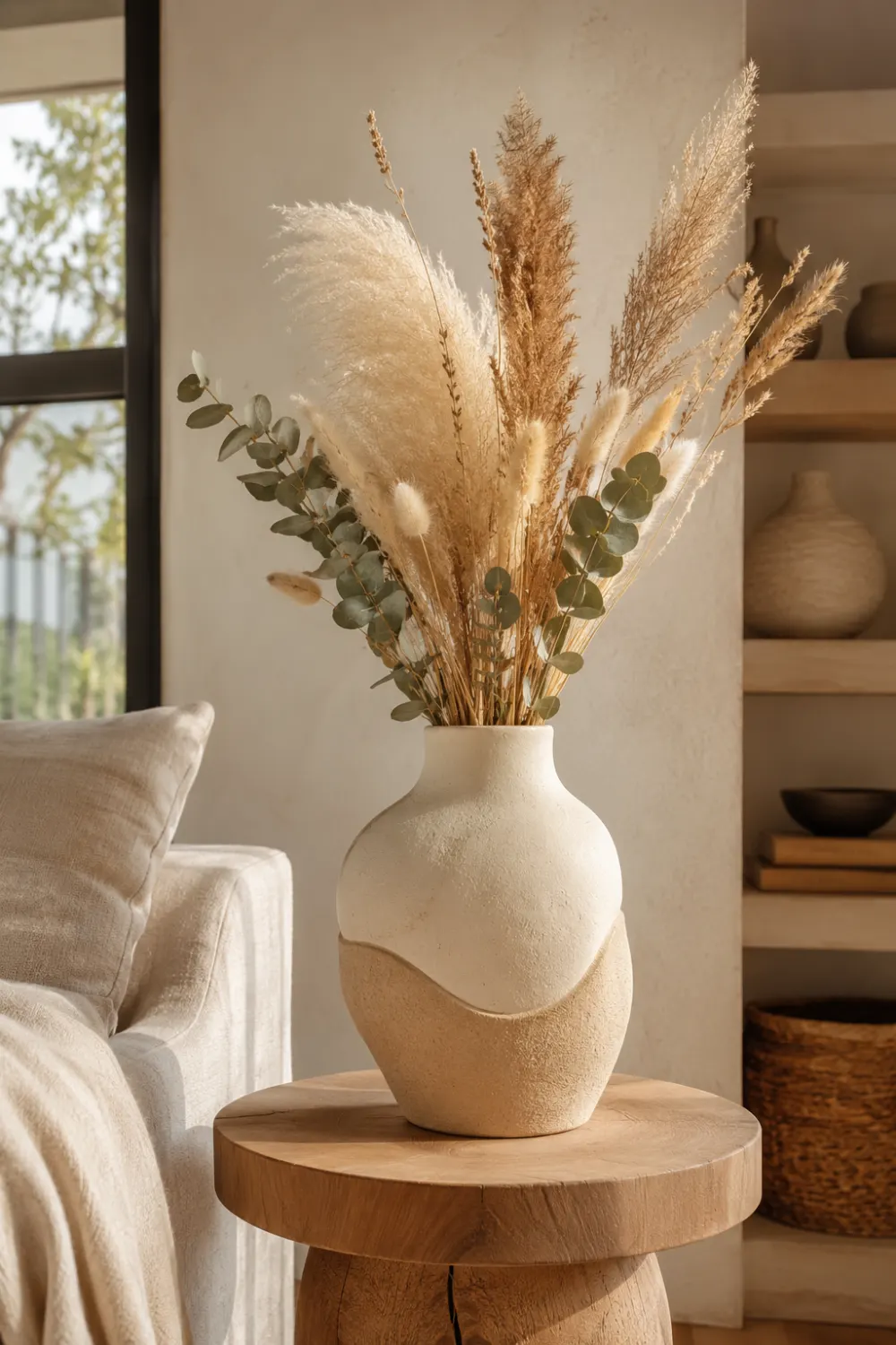Handmade clay vase with an organic sculptural design filled with pampas grass, bunny tails, and eucalyptus stems, styled on a wooden side table in a warm neutral living room with soft natural lighting.