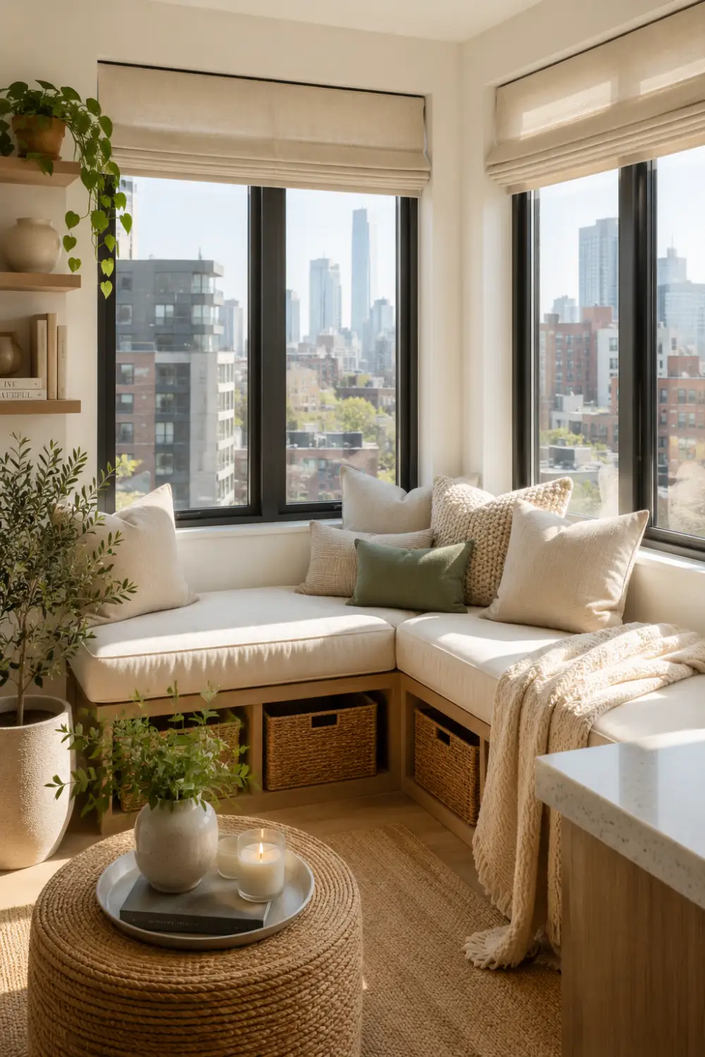 Corner window seat for small spaces featuring built in storage, soft neutral cushions, textured throw pillows, woven baskets, indoor plants, and stunning city skyline views through large black framed windows. Cozy apartment decor with functional and stylish seating.