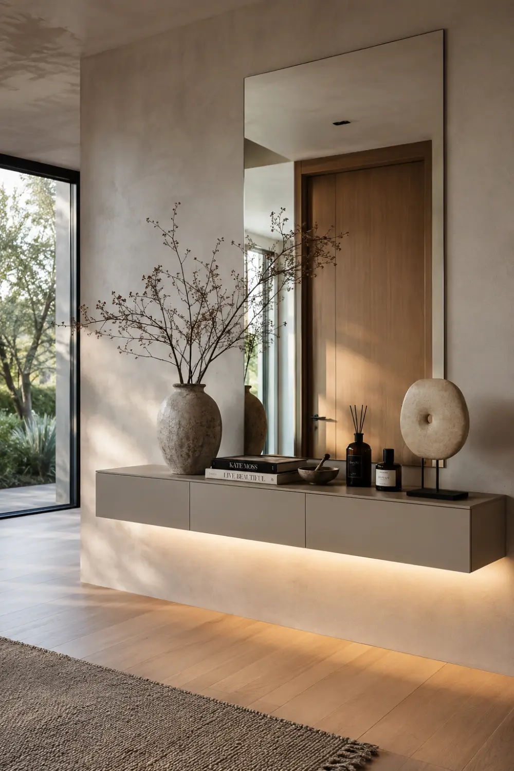 Modern floating console table with hidden storage, integrated LED lighting, oversized mirror, sculptural decor, textured vase, and minimalist styling in a bright contemporary entryway with warm neutral finishes.