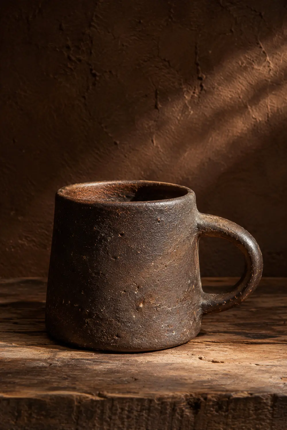 Rustic handmade clay coffee mug with textured dark ceramic finish displayed on a wooden surface. Artisan pottery decor perfect for farmhouse kitchens, coffee station styling, rustic home decor, and cozy interior design inspiration.