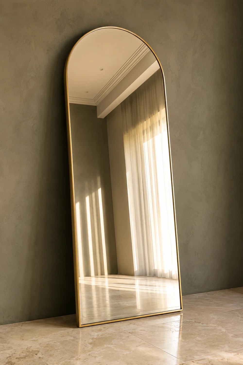 Large arched floor mirror with slim gold frame leaning against a textured wall in a luxury modern interior with natural sunlight and elegant reflections