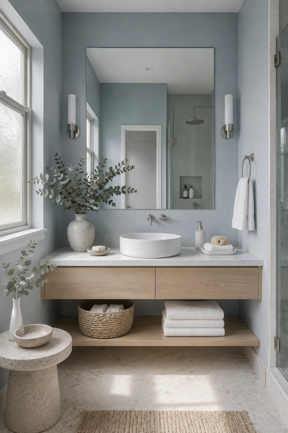 Misty blue bathroom paint color with light wood vanity, white vessel sink, large mirror, eucalyptus decor, and bright small bathroom design inspiration