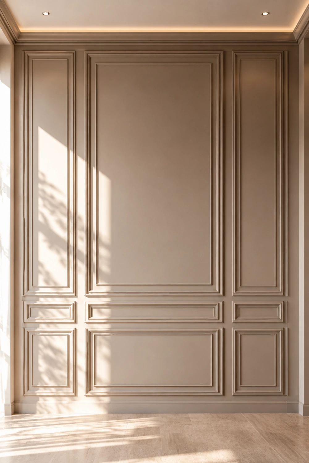 Modern geometric wall molding accent wall in warm beige tones featuring elegant panel detailing, luxury architectural wall design, classic modern interior styling, sophisticated decorative wall treatment for stylish homes.