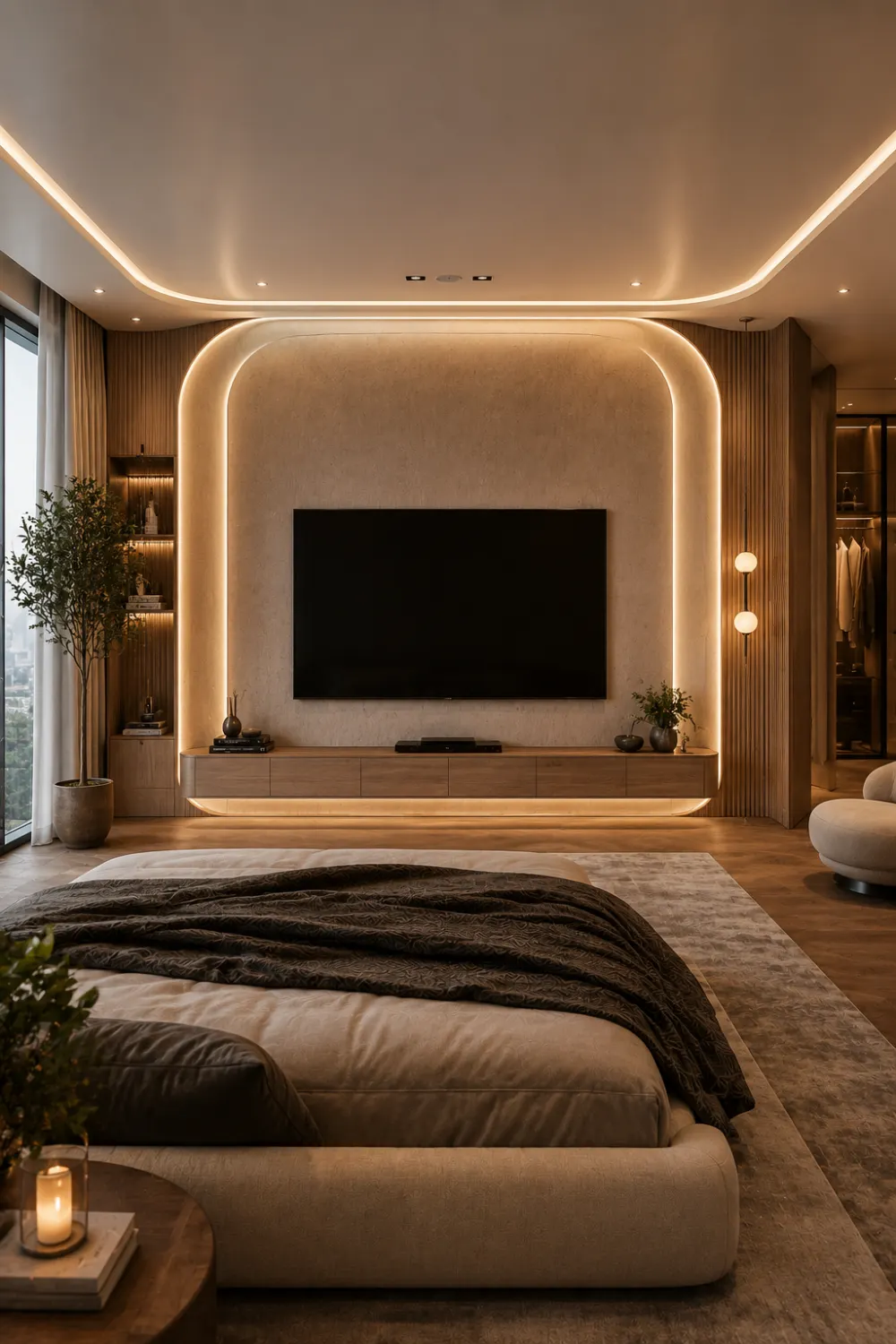 Modern backlit wooden arch bedroom TV wall design with warm halo lighting, floating entertainment unit, elegant wood finishes, luxury bedroom decor, architectural feature wall, contemporary interior design, and stylish TV wall inspiration.