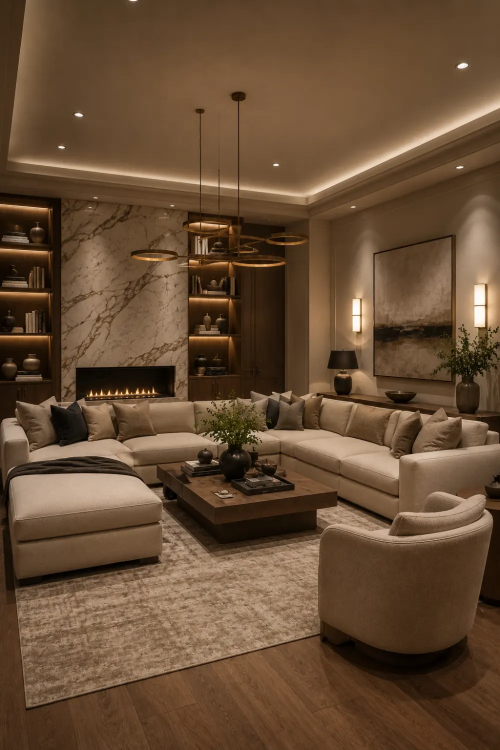 Elegant Cashmere Camel living room with cream sectional sofa, marble fireplace wall, designer lighting, warm wood accents, luxury decor accessories, textured rug, and sophisticated neutral interior design.