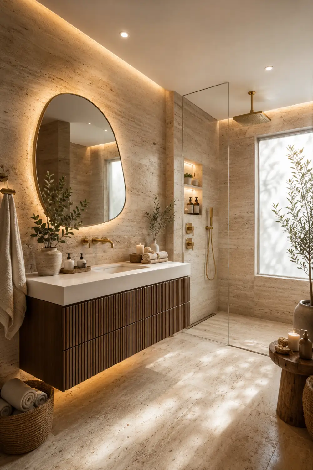 Luxury travertine small bathroom featuring floor to ceiling natural travertine stone walls, fluted wood floating vanity, organic shaped LED mirror, brushed brass rainfall shower, frameless glass enclosure, illuminated wall niche, natural greenery, woven baskets, and warm ambient lighting for a timeless spa inspired bathroom.