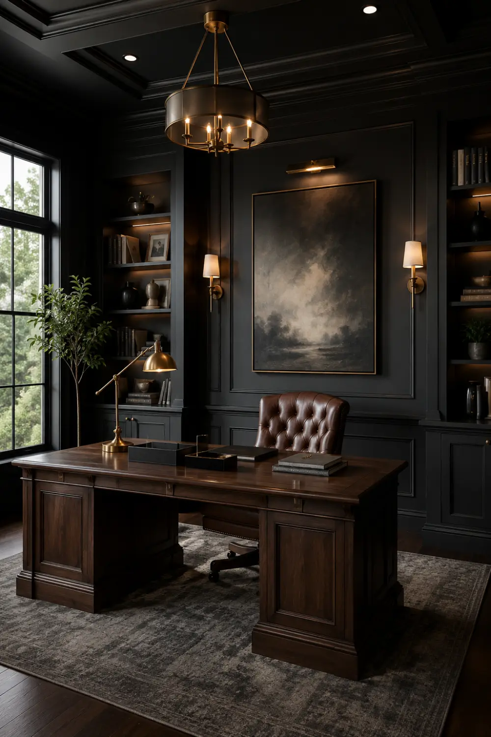 Dark moody wainscoting in a luxury home office featuring charcoal wall paneling, custom built-in shelving, leather executive chair, dark wood desk, brass lighting fixtures, and sophisticated masculine interior design.