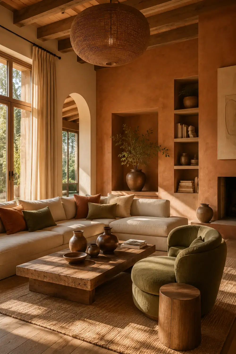 Earth-toned living room with terracotta walls, beige sectional sofa, olive green accent chair, rustic wood coffee table, woven rug, and warm natural lighting creating a relaxing and welcoming environment.